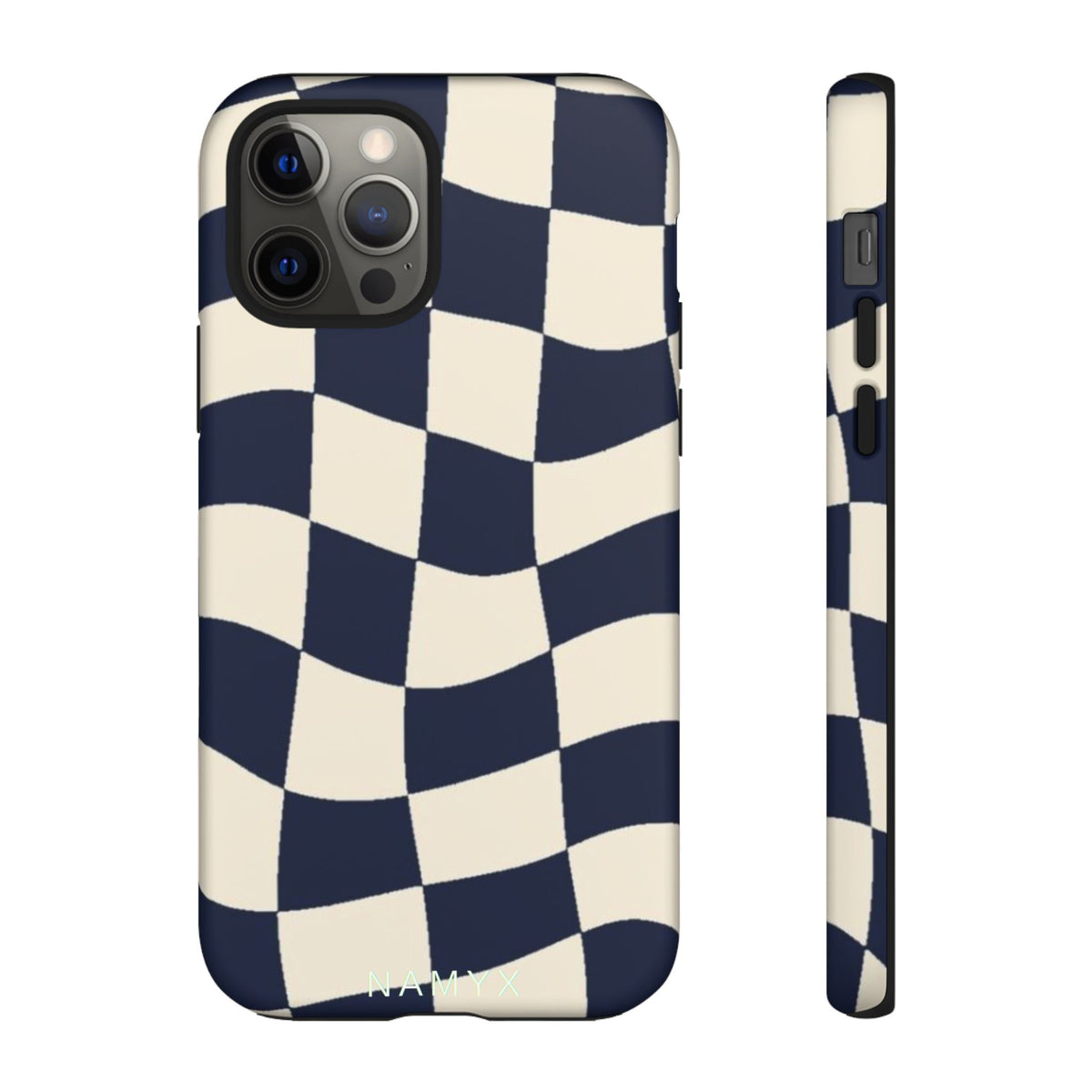 Wavy Checkered Phone Case – Retro Navy Racing Pattern Tough Case
