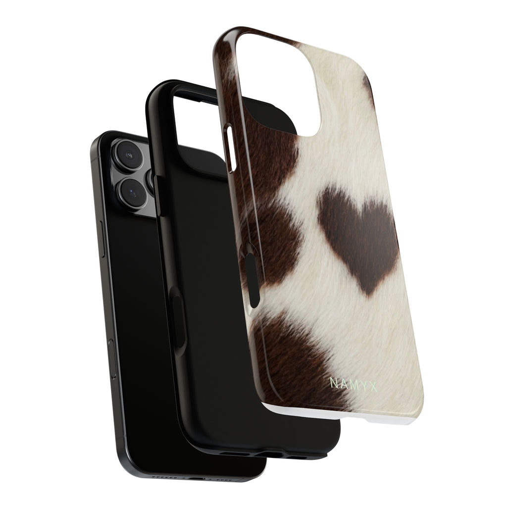 Cowhide Heart Phone Case — Cute Cow Print Protective iPhone Cover
