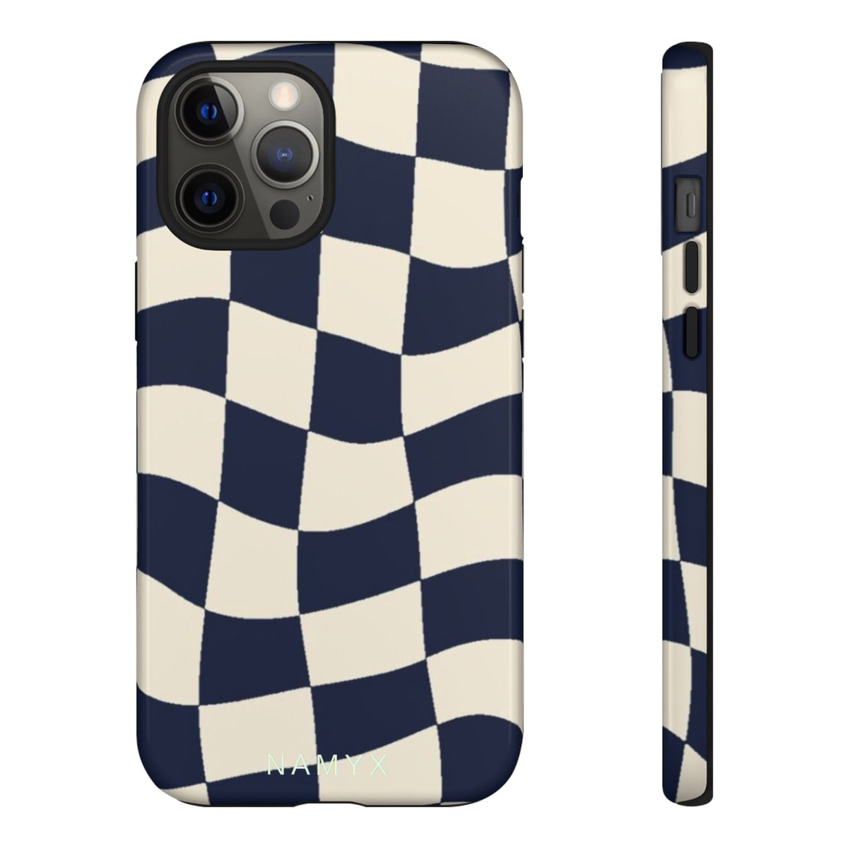 Wavy Checkered Phone Case – Retro Navy Racing Pattern Tough Case
