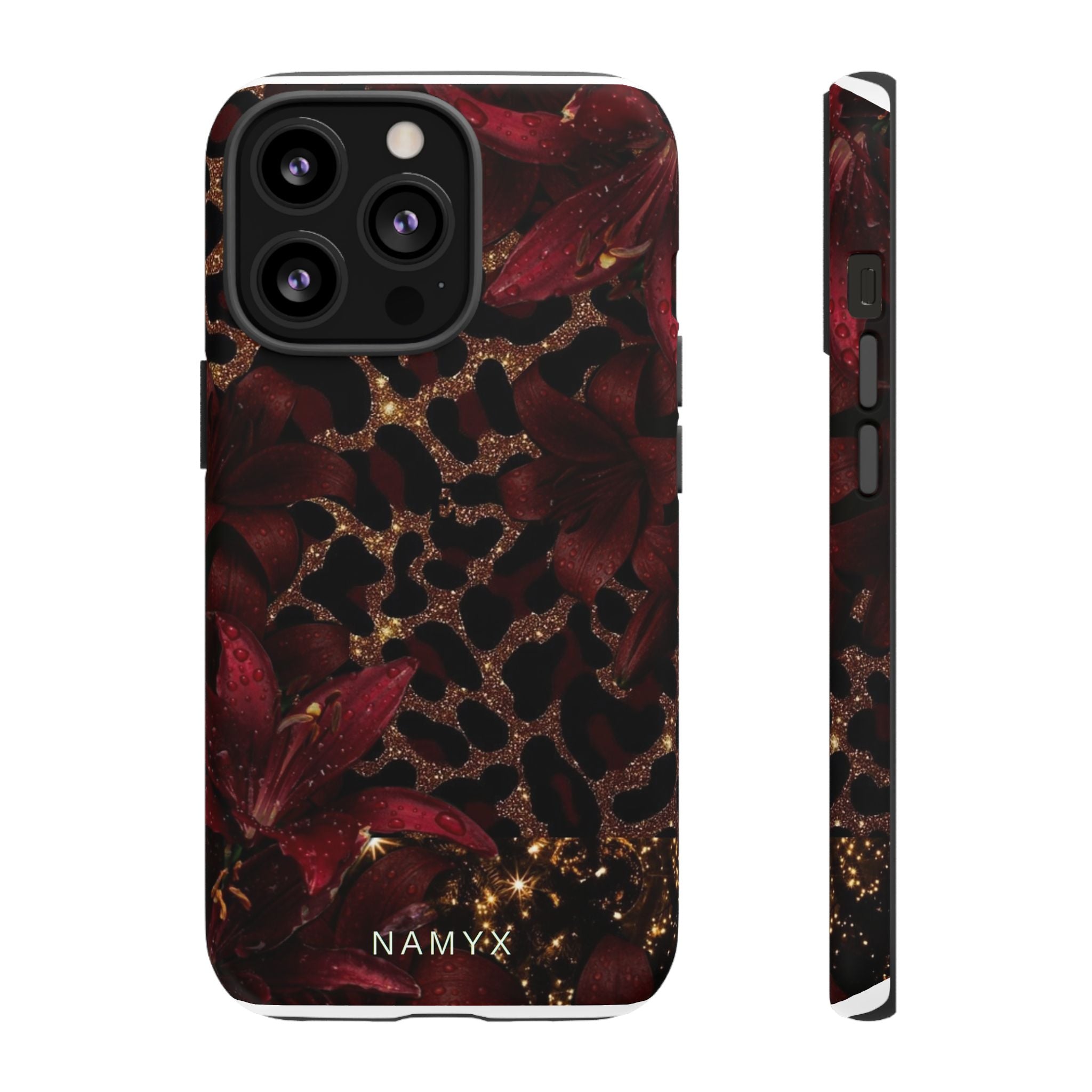 Protective Phone Case — Burgundy Floral & Gold Leopard Print Tough Case