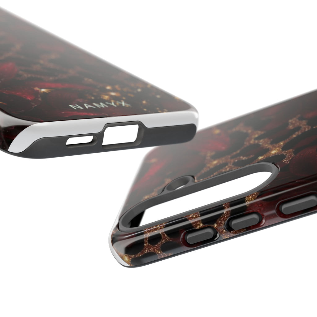 Protective Phone Case — Burgundy Floral & Gold Leopard Print Tough Case