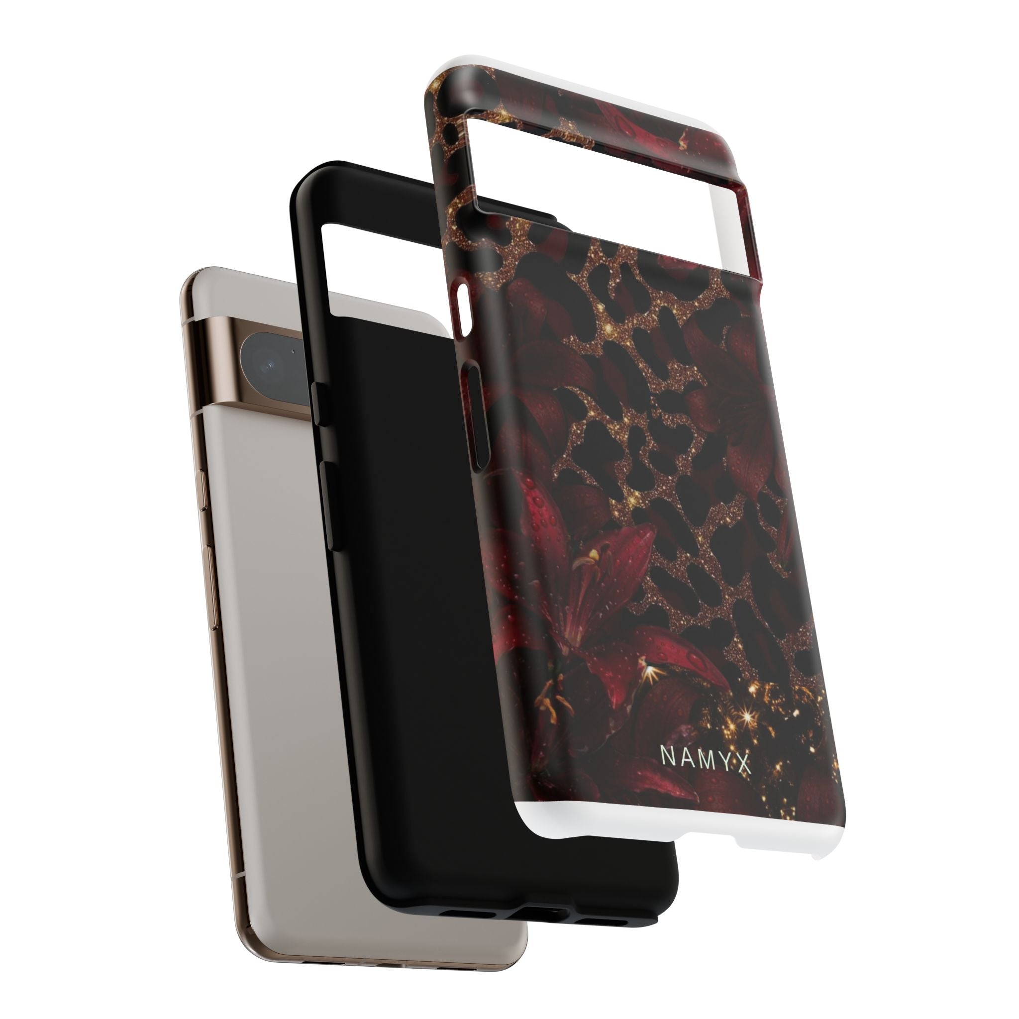 Protective Phone Case — Burgundy Floral & Gold Leopard Print Tough Case