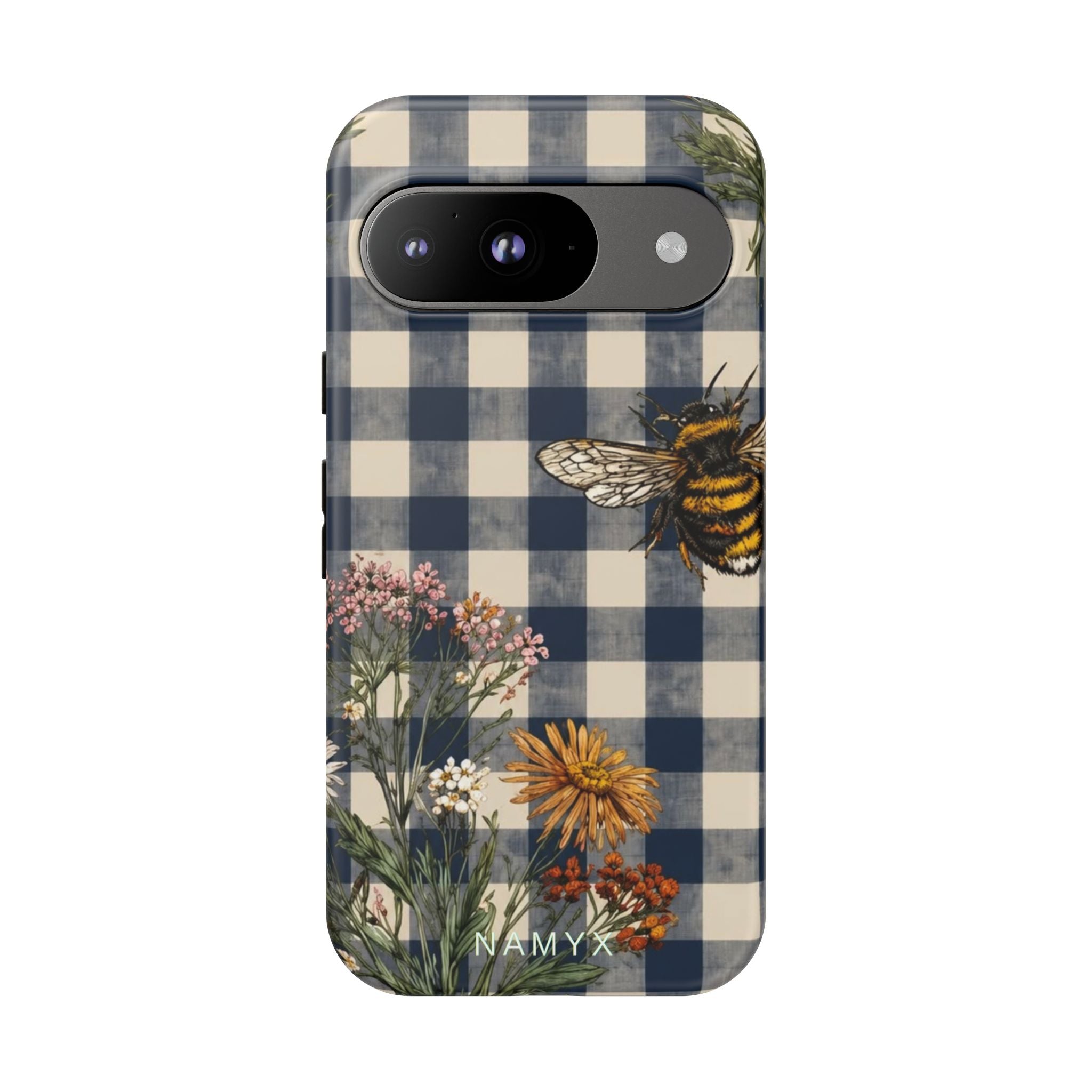 Bee & Wildflower Plaid Phone Case — Navy Buffalo Check Floral iPhone Cover