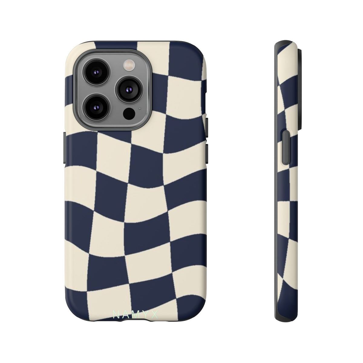Wavy Checkered Phone Case – Retro Navy Racing Pattern Tough Case