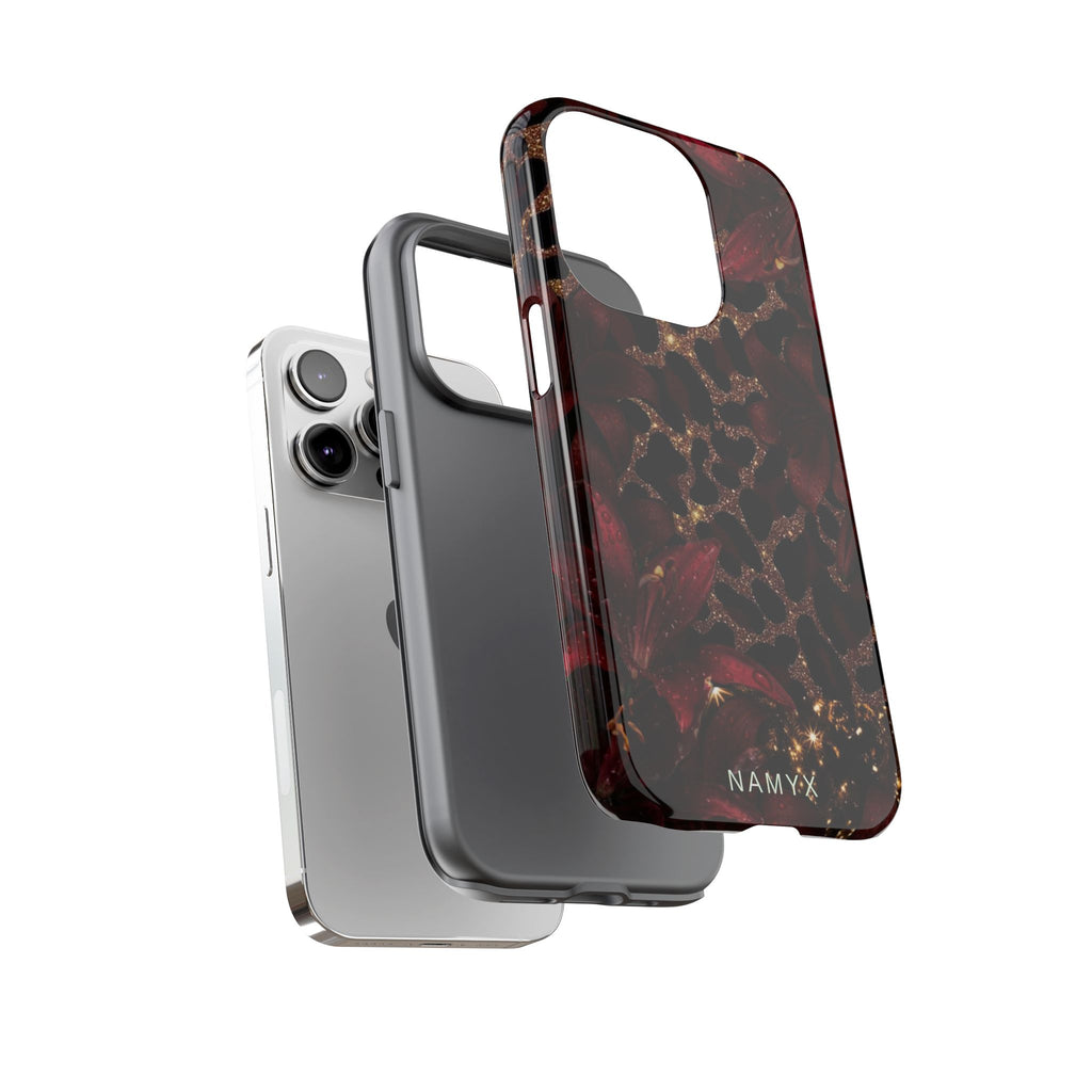Protective Phone Case — Burgundy Floral & Gold Leopard Print Tough Case