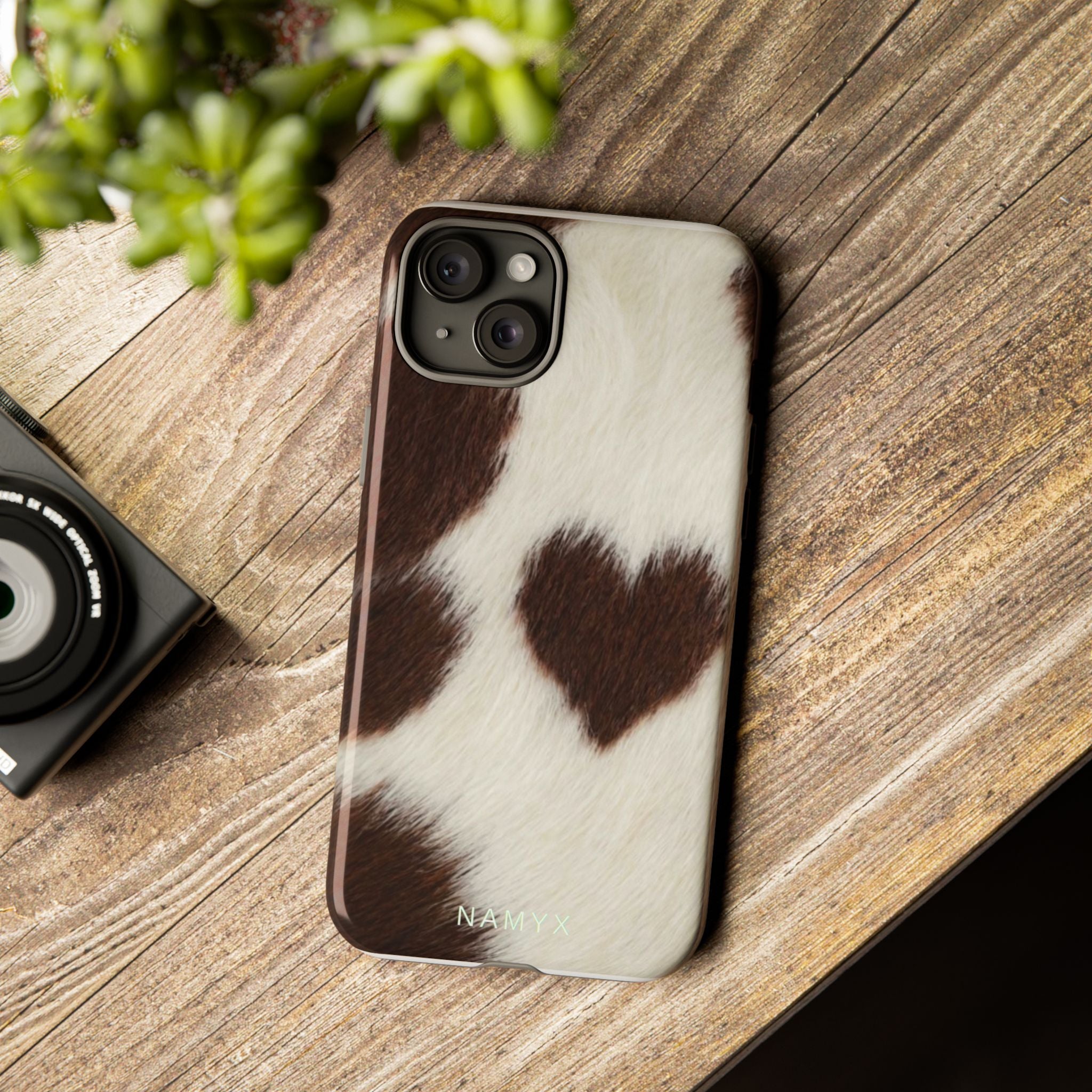 Cowhide Heart Phone Case — Cute Cow Print Protective iPhone Cover