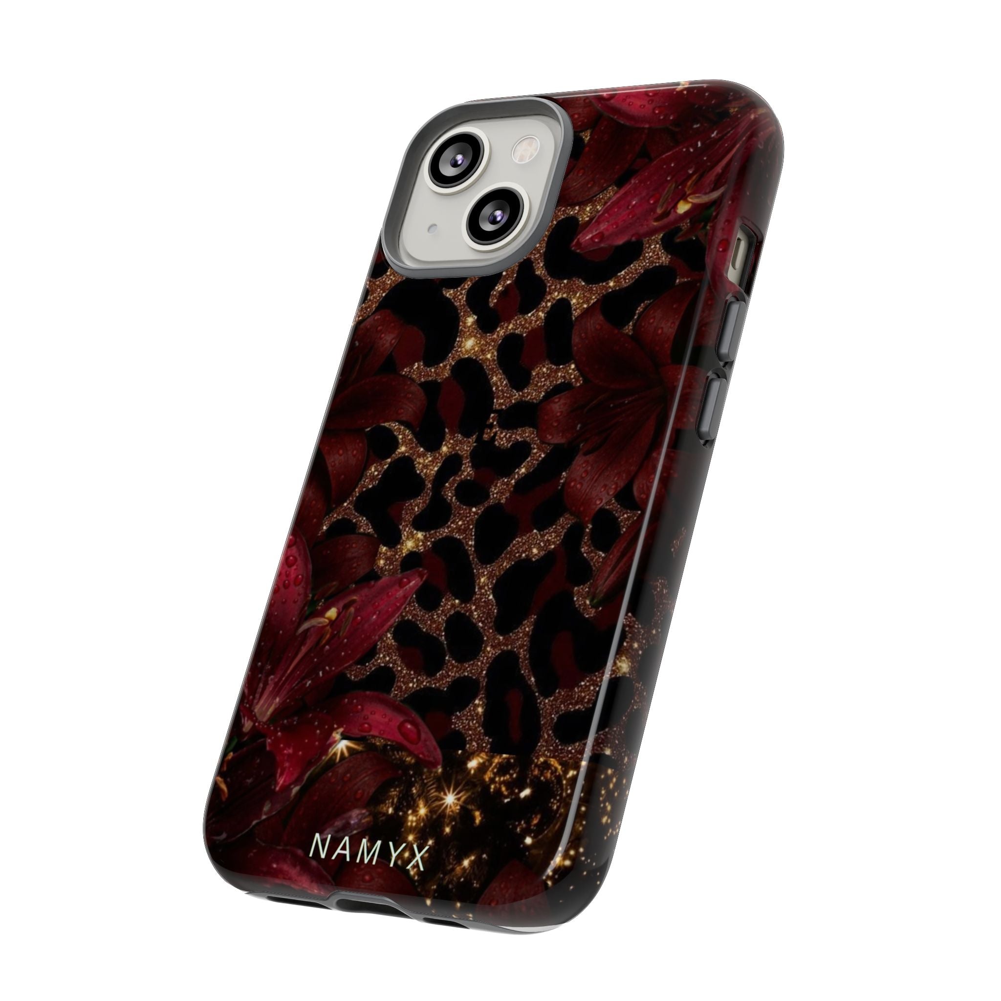 Protective Phone Case — Burgundy Floral & Gold Leopard Print Tough Case