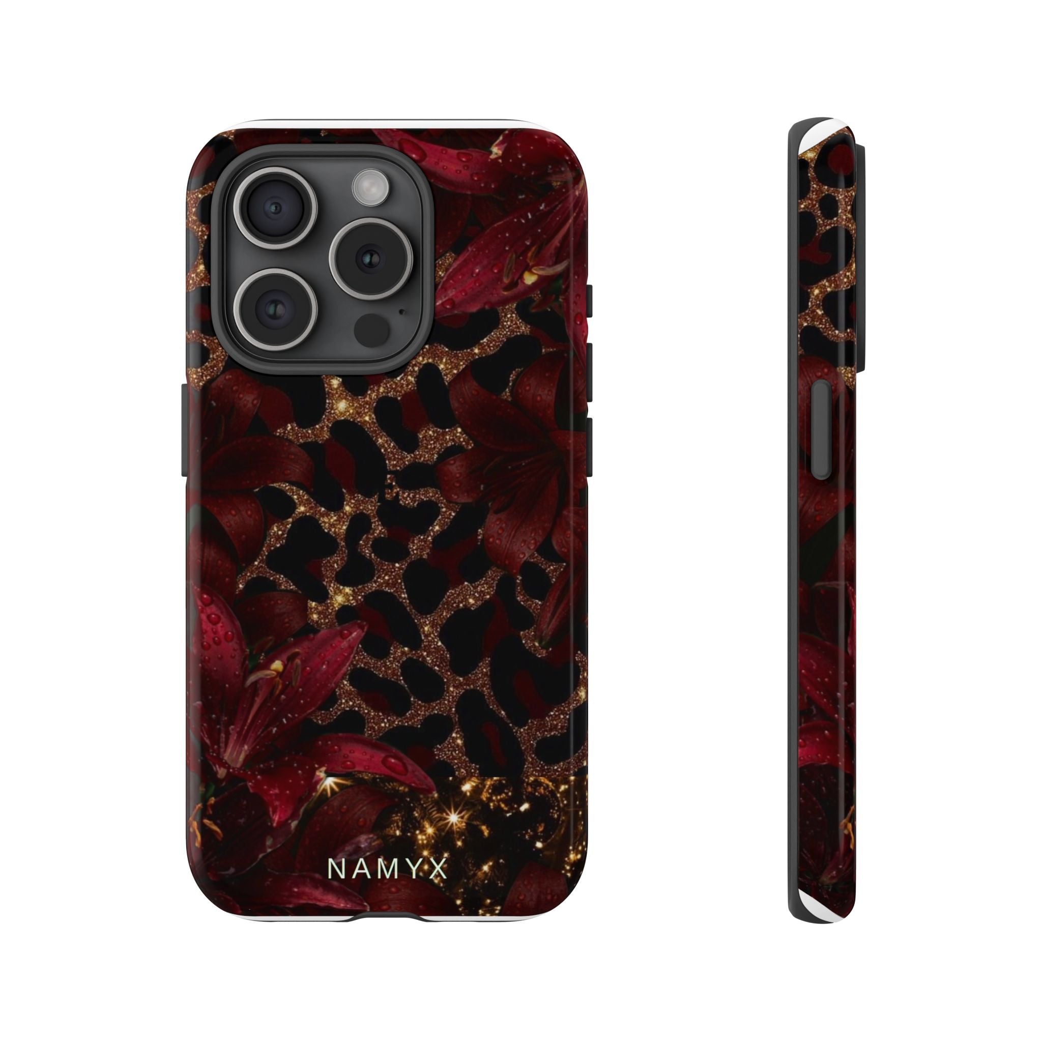 Protective Phone Case — Burgundy Floral & Gold Leopard Print Tough Case