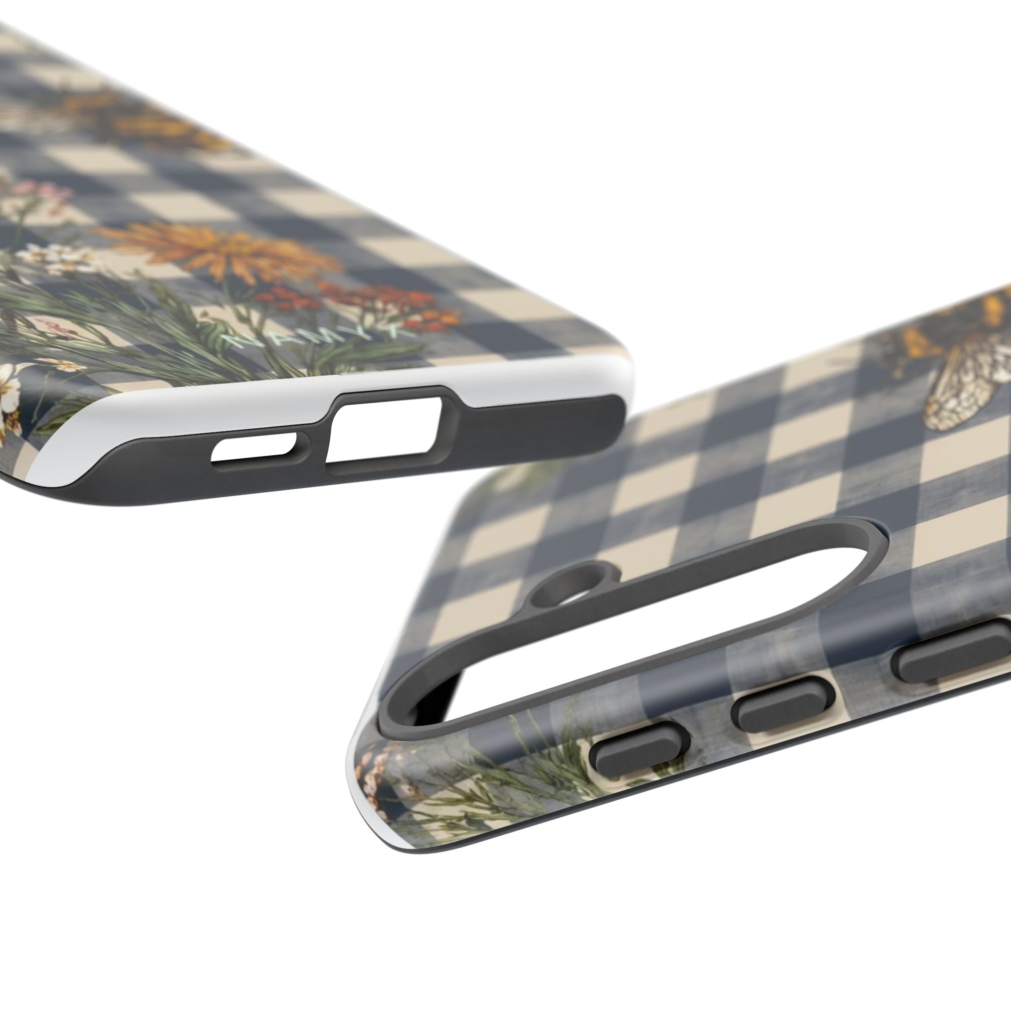 Bee & Wildflower Plaid Phone Case — Navy Buffalo Check Floral iPhone Cover