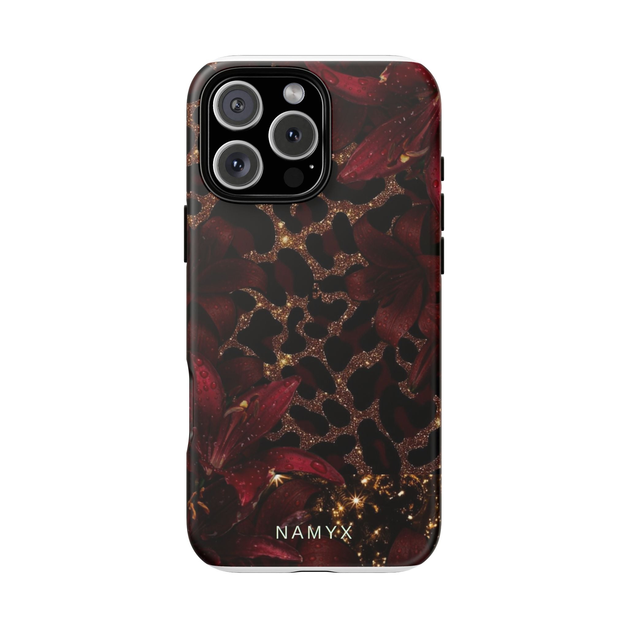 Protective Phone Case — Burgundy Floral & Gold Leopard Print Tough Case