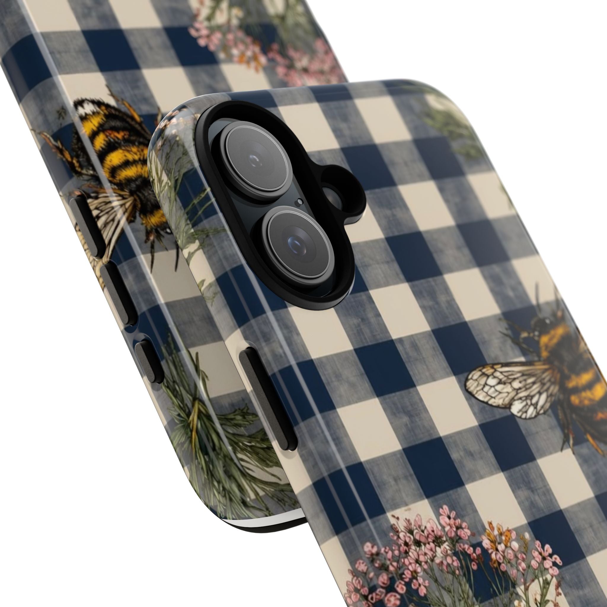 Bee & Wildflower Plaid Phone Case — Navy Buffalo Check Floral iPhone Cover