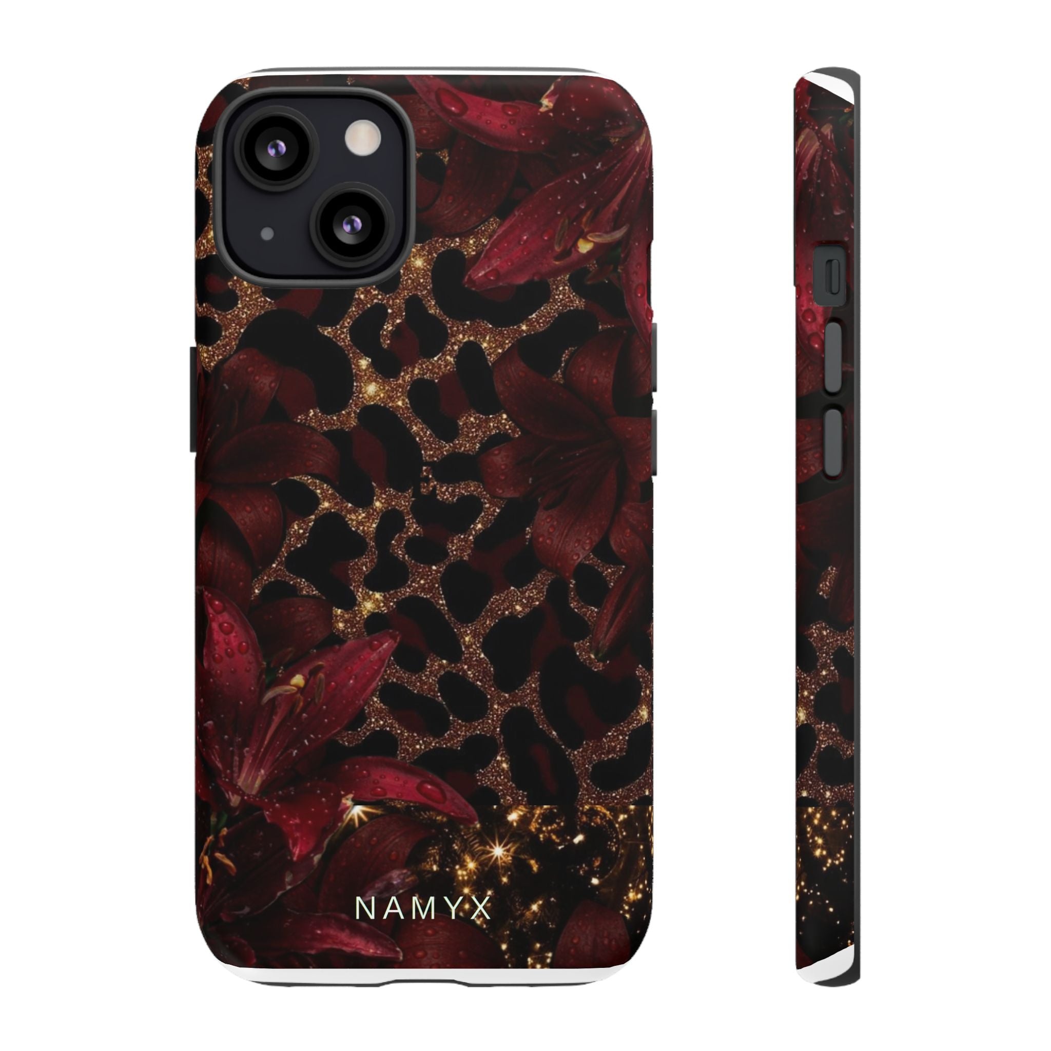 Protective Phone Case — Burgundy Floral & Gold Leopard Print Tough Case