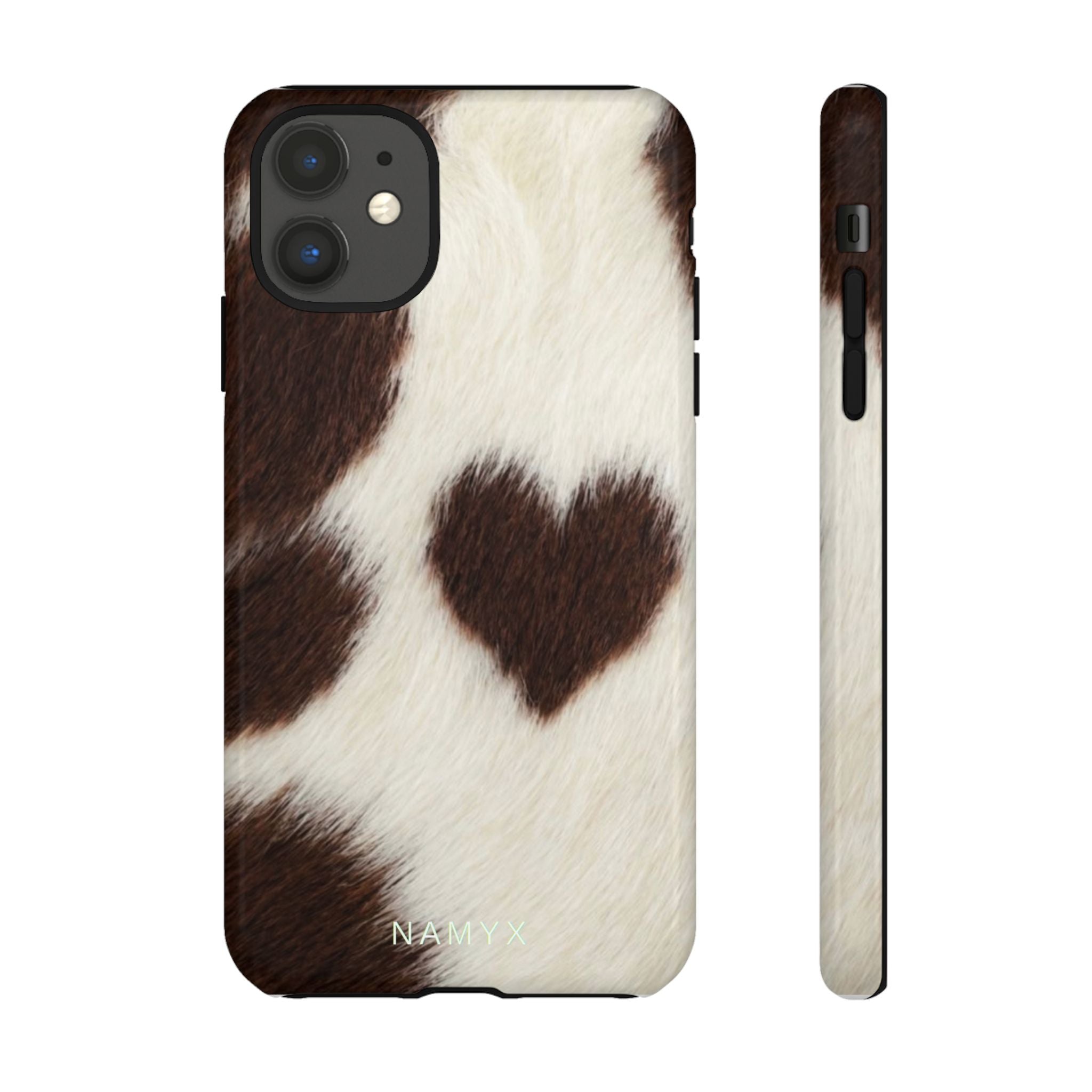 Cowhide Heart Phone Case — Cute Cow Print Protective iPhone Cover