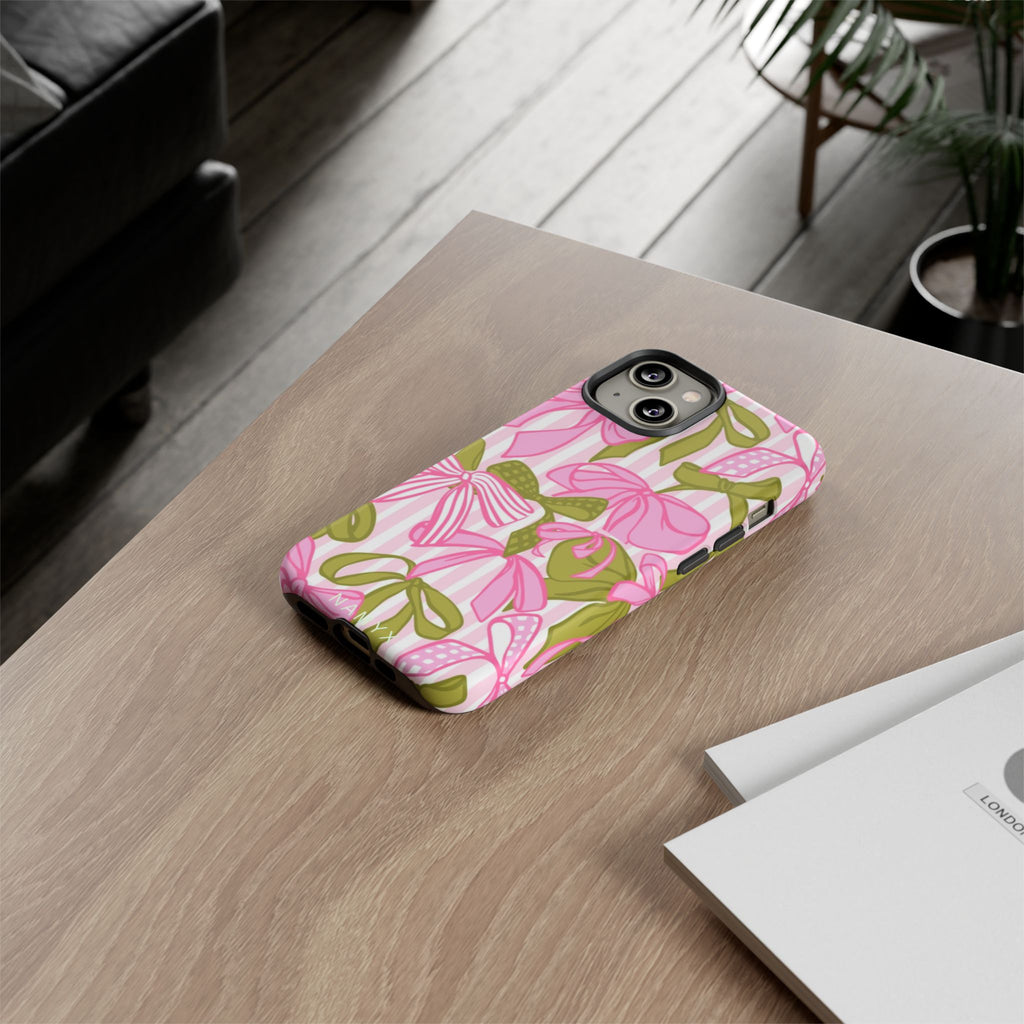 Bow Pattern Tough Case - Pink & Olive Floral Phone Cover