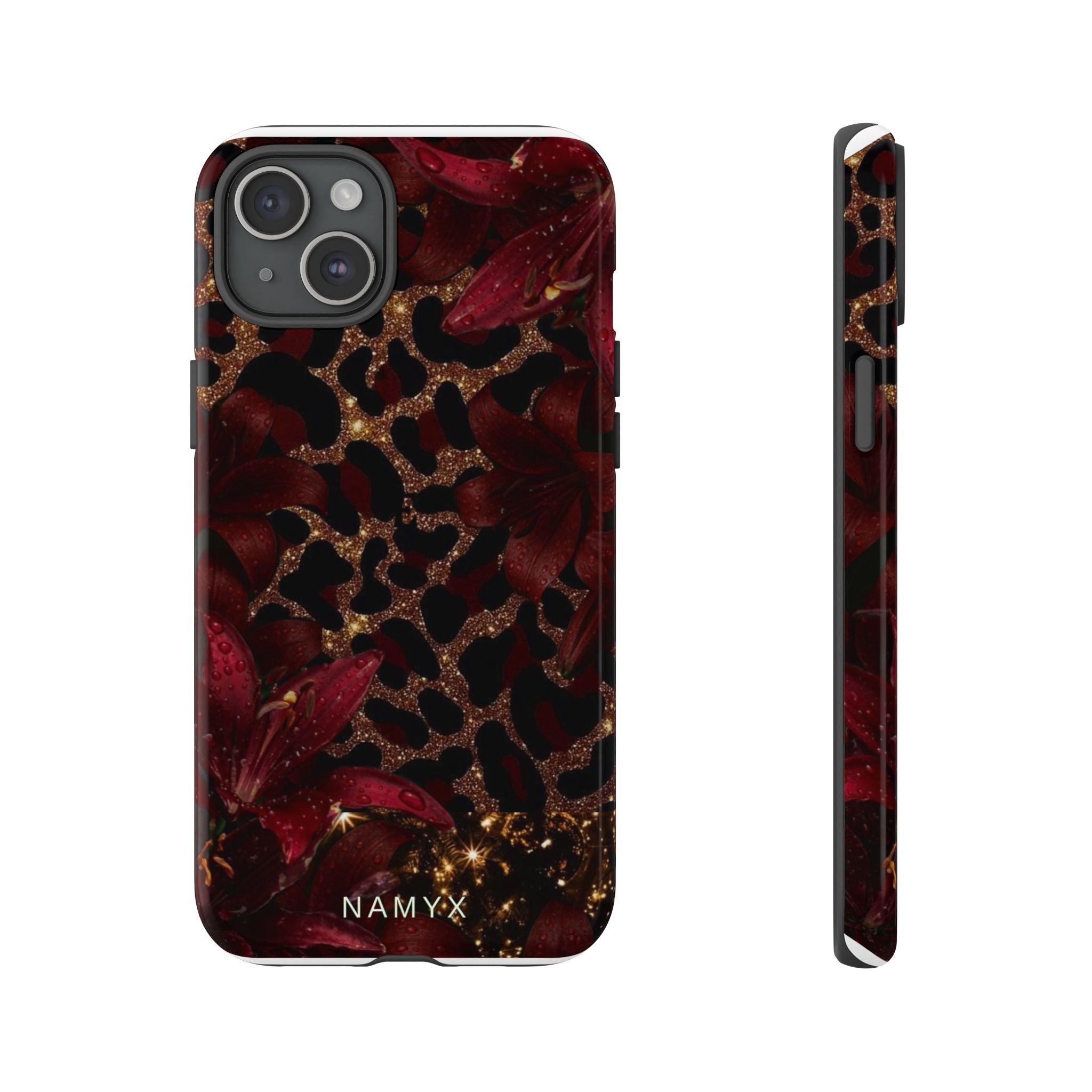 Protective Phone Case — Burgundy Floral & Gold Leopard Print Tough Case