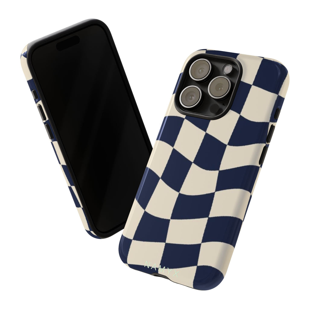 Wavy Checkered Phone Case – Retro Navy Racing Pattern Tough Case
