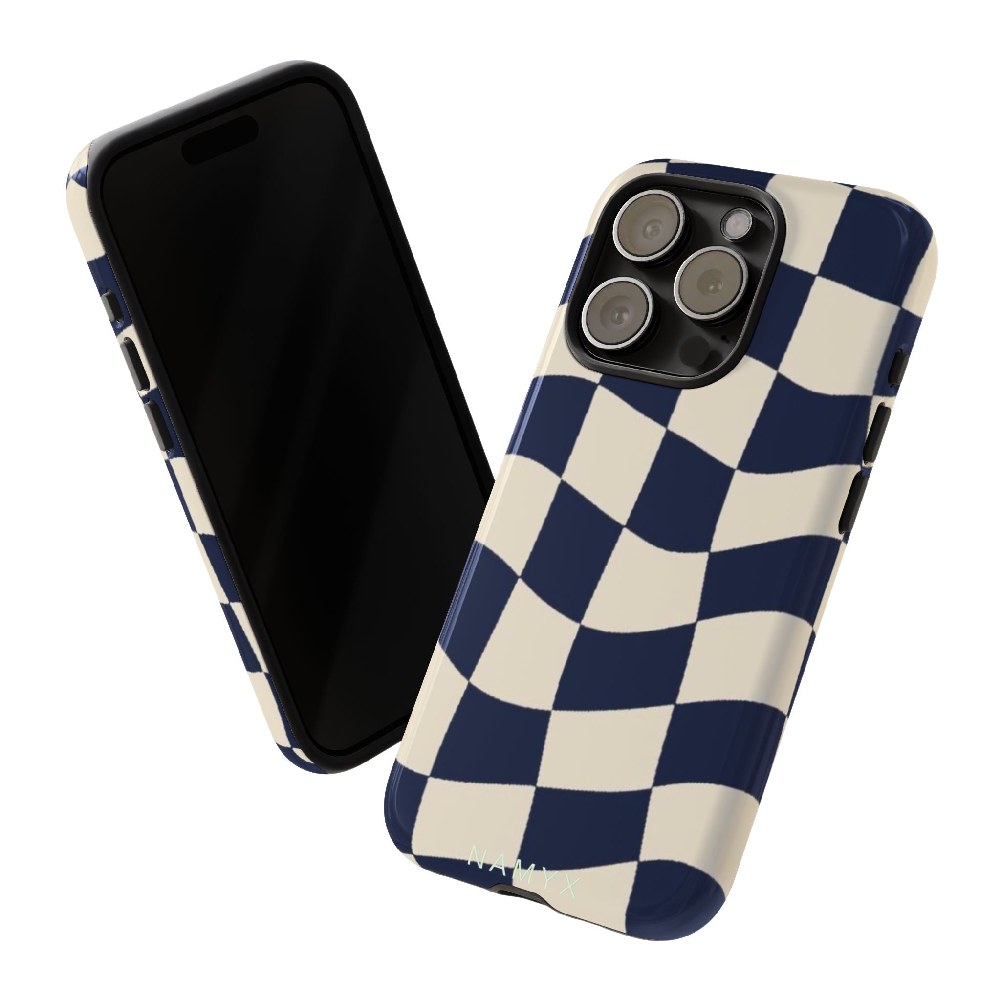 Wavy Checkered Phone Case – Retro Navy Racing Pattern Tough Case