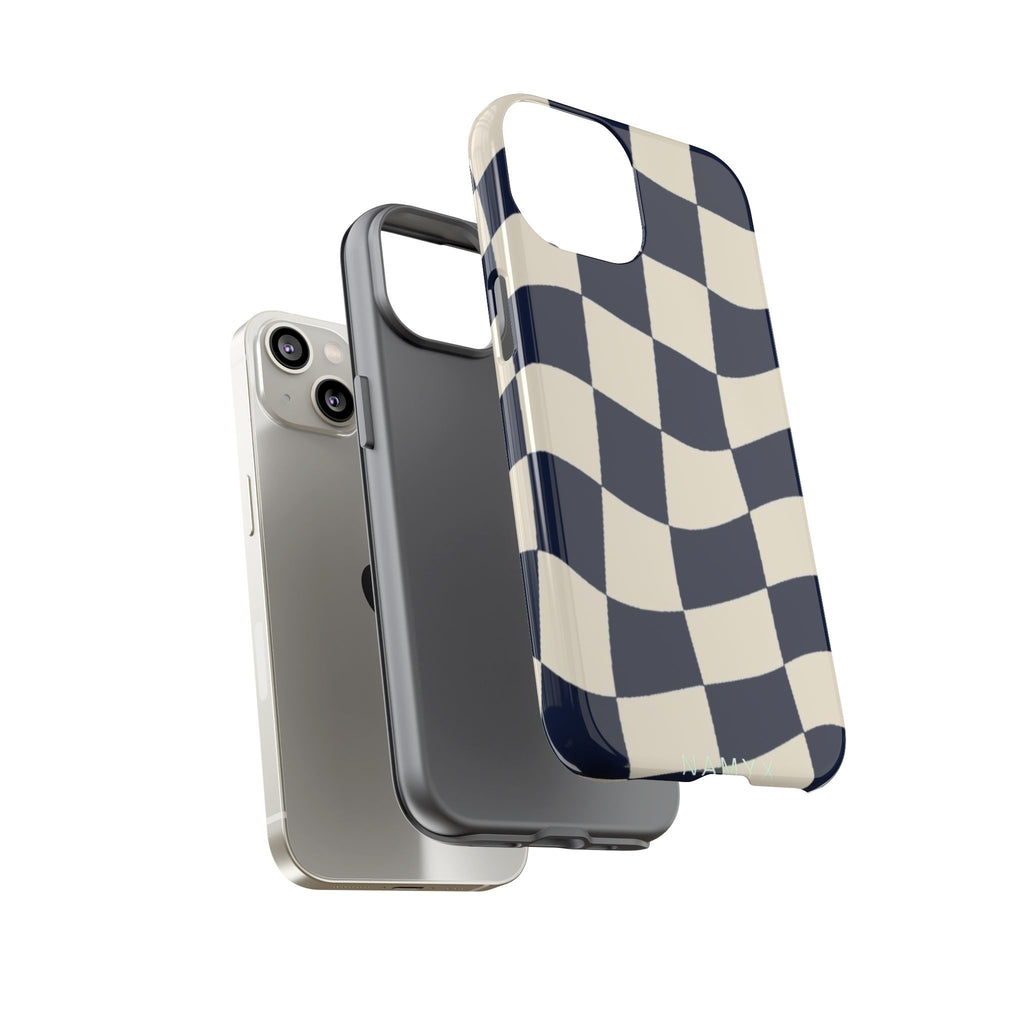 Wavy Checkered Phone Case – Retro Navy Racing Pattern Tough Case