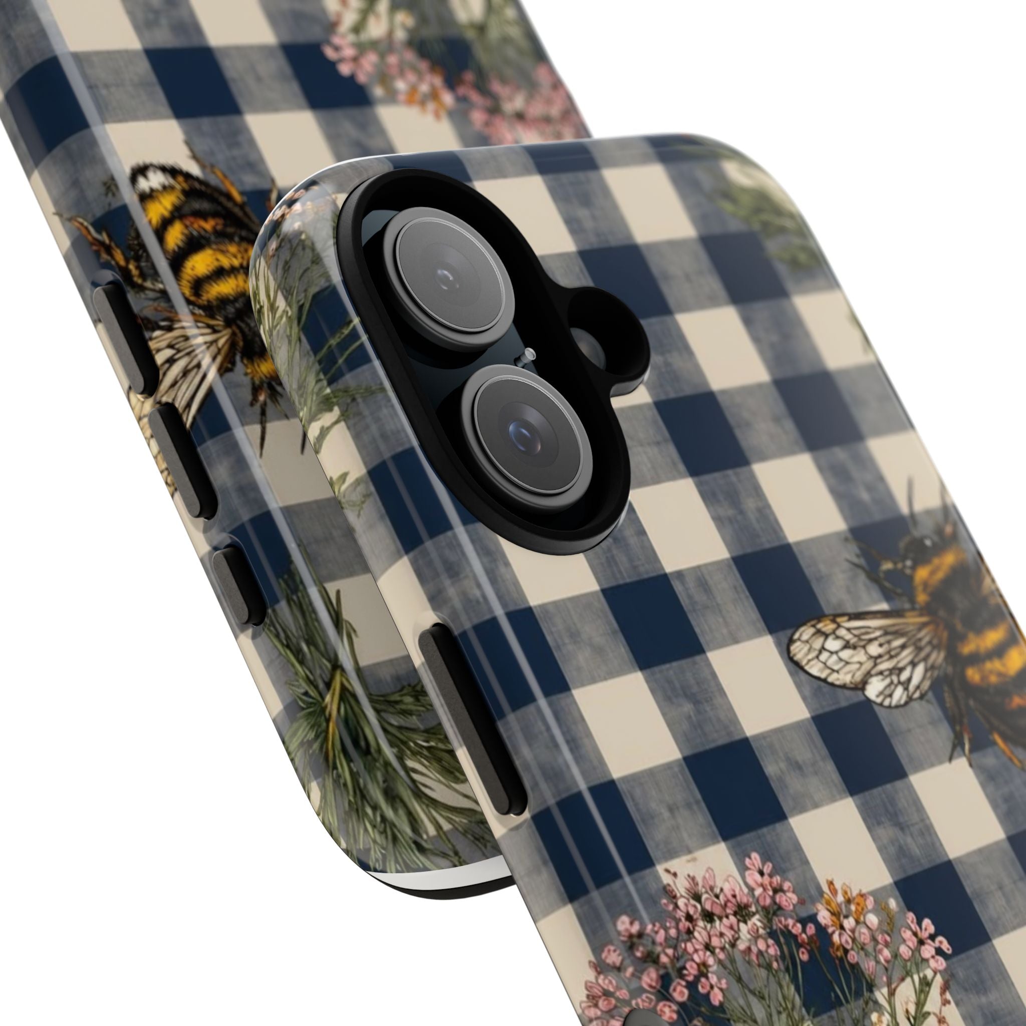Bee & Wildflower Plaid Phone Case — Navy Buffalo Check Floral iPhone Cover