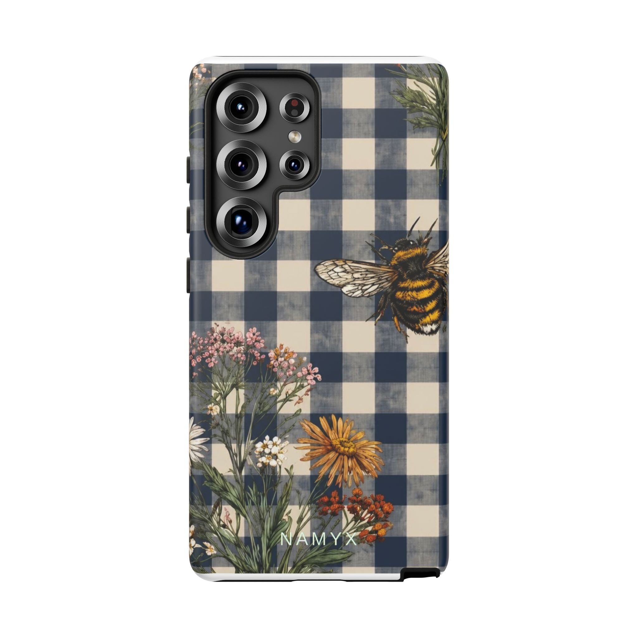Bee & Wildflower Plaid Phone Case — Navy Buffalo Check Floral iPhone Cover