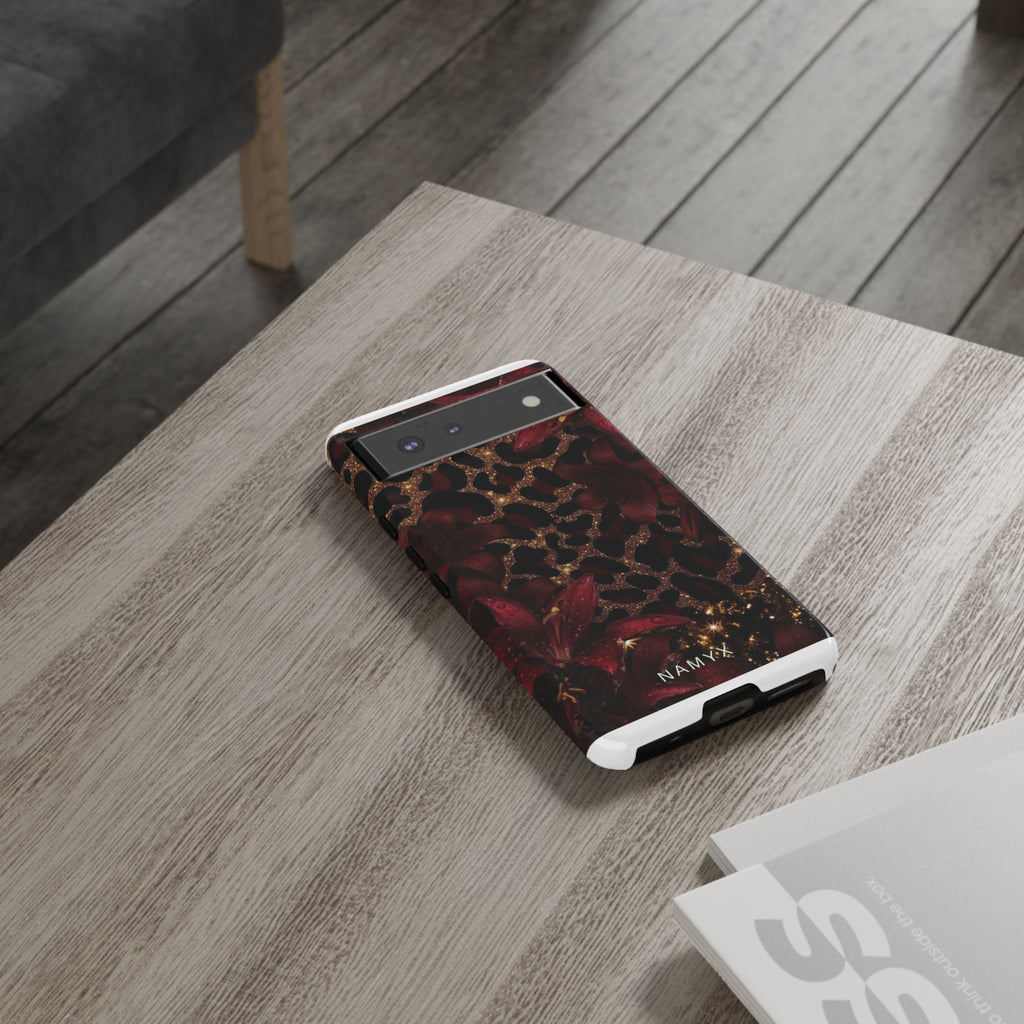 Protective Phone Case — Burgundy Floral & Gold Leopard Print Tough Case