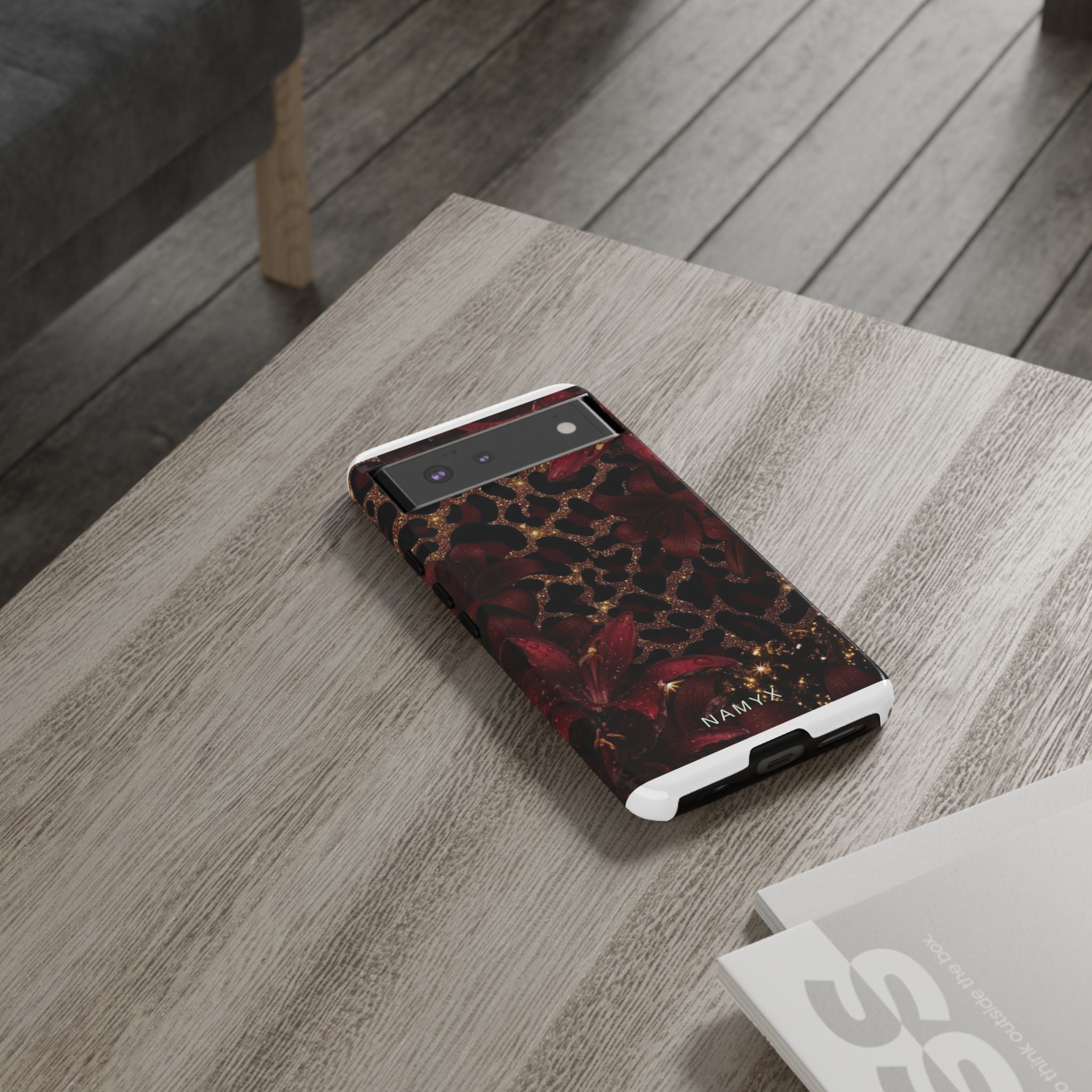 Protective Phone Case — Burgundy Floral & Gold Leopard Print Tough Case
