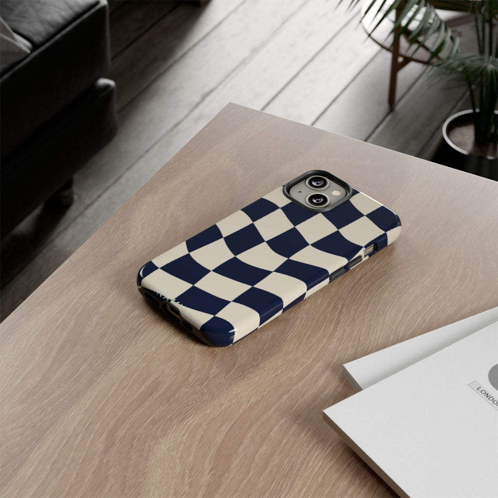 Wavy Checkered Phone Case – Retro Navy Racing Pattern Tough Case