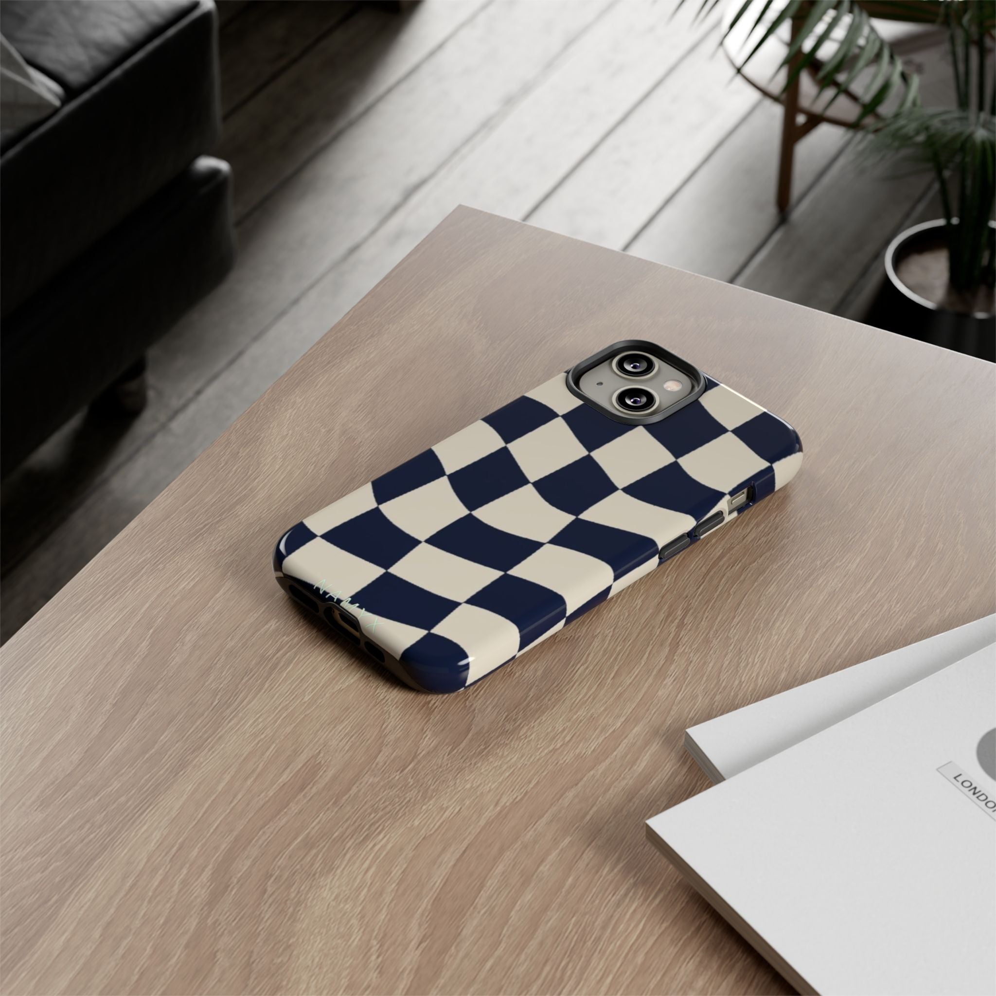 Wavy Checkered Phone Case – Retro Navy Racing Pattern Tough Case