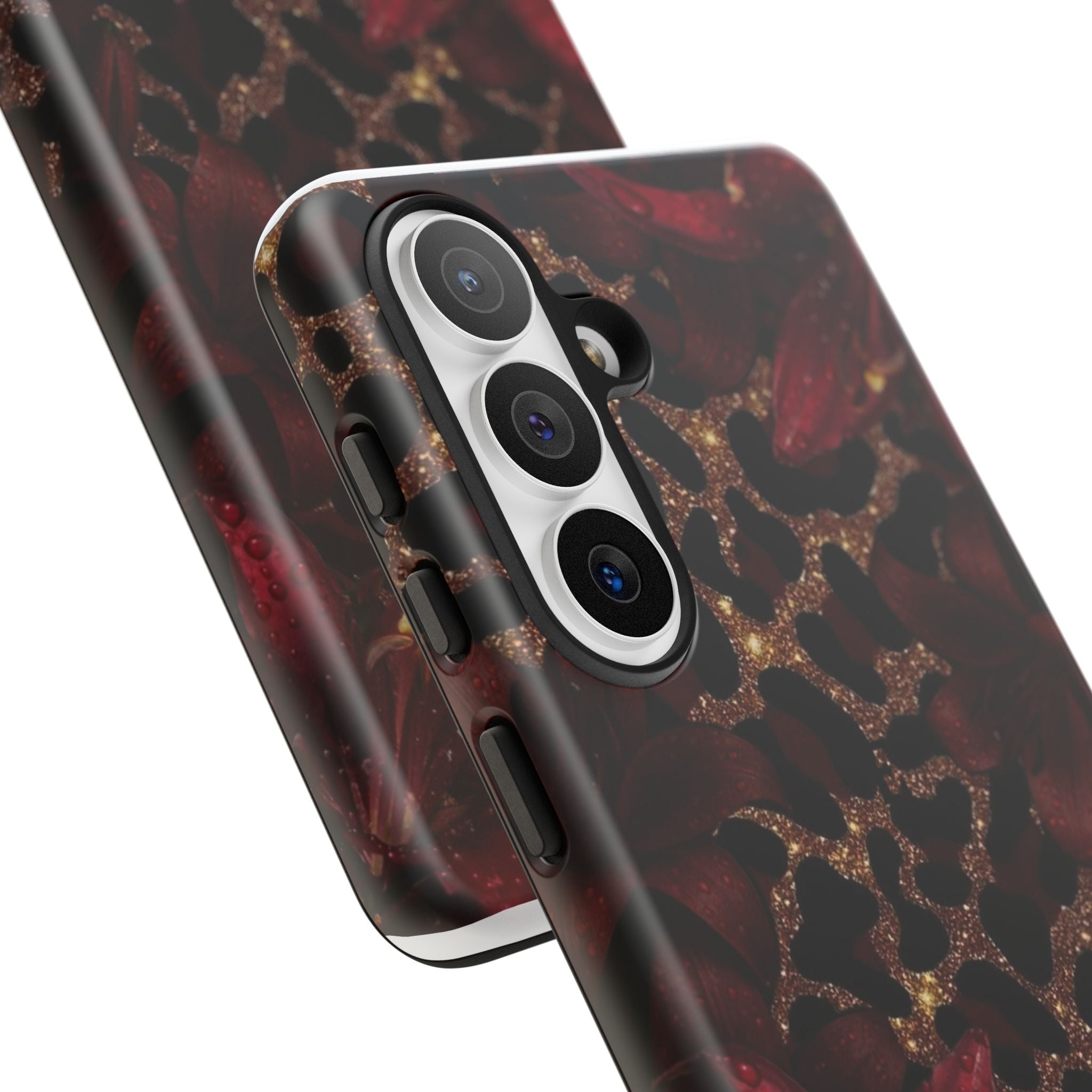 Protective Phone Case — Burgundy Floral & Gold Leopard Print Tough Case