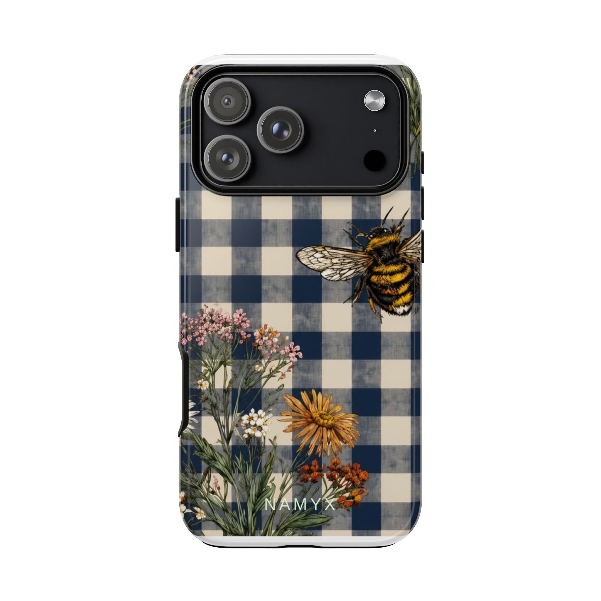 Bee & Wildflower Plaid Phone Case — Navy Buffalo Check Floral iPhone Cover