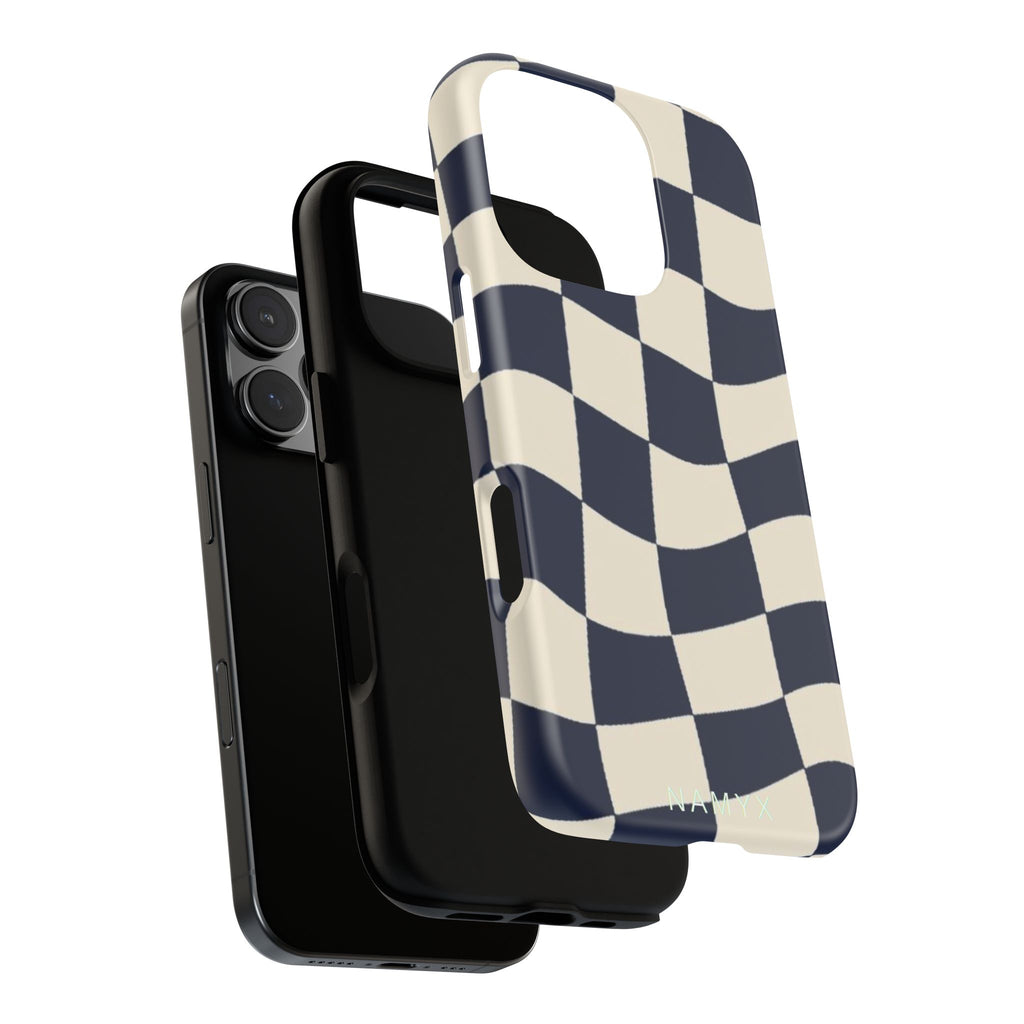 Wavy Checkered Phone Case – Retro Navy Racing Pattern Tough Case