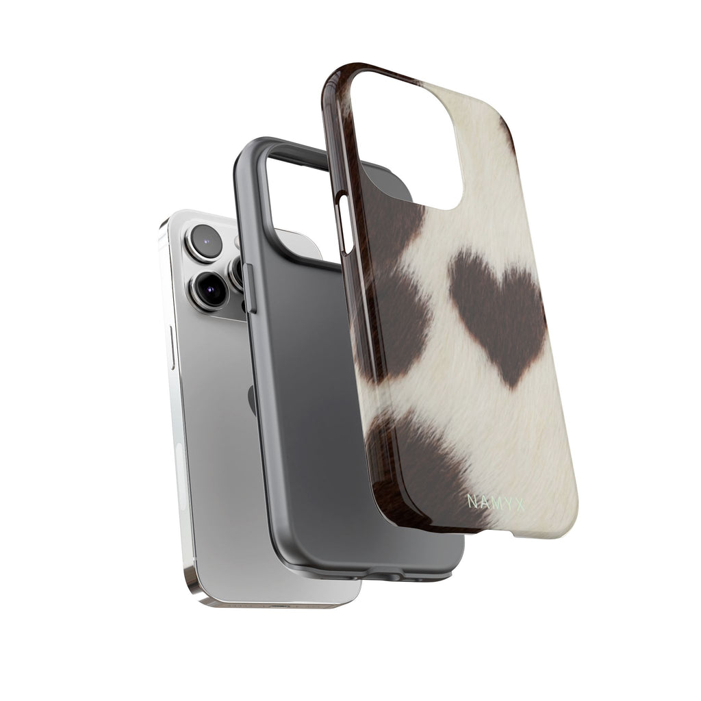 Cowhide Heart Phone Case — Cute Cow Print Protective iPhone Cover