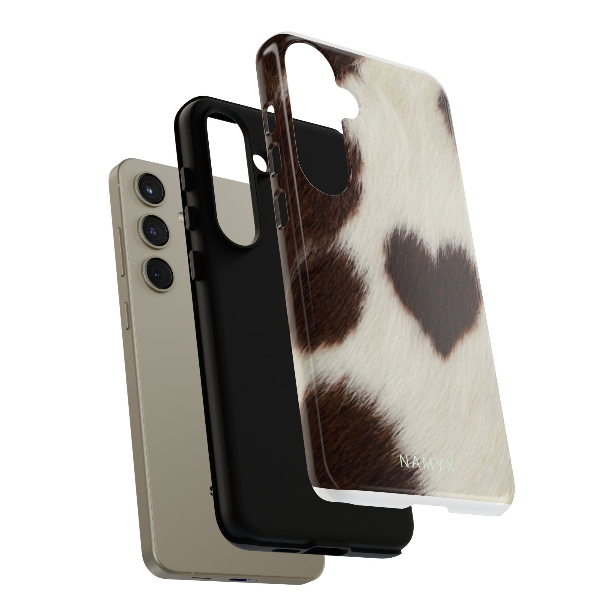 Cowhide Heart Phone Case — Cute Cow Print Protective iPhone Cover
