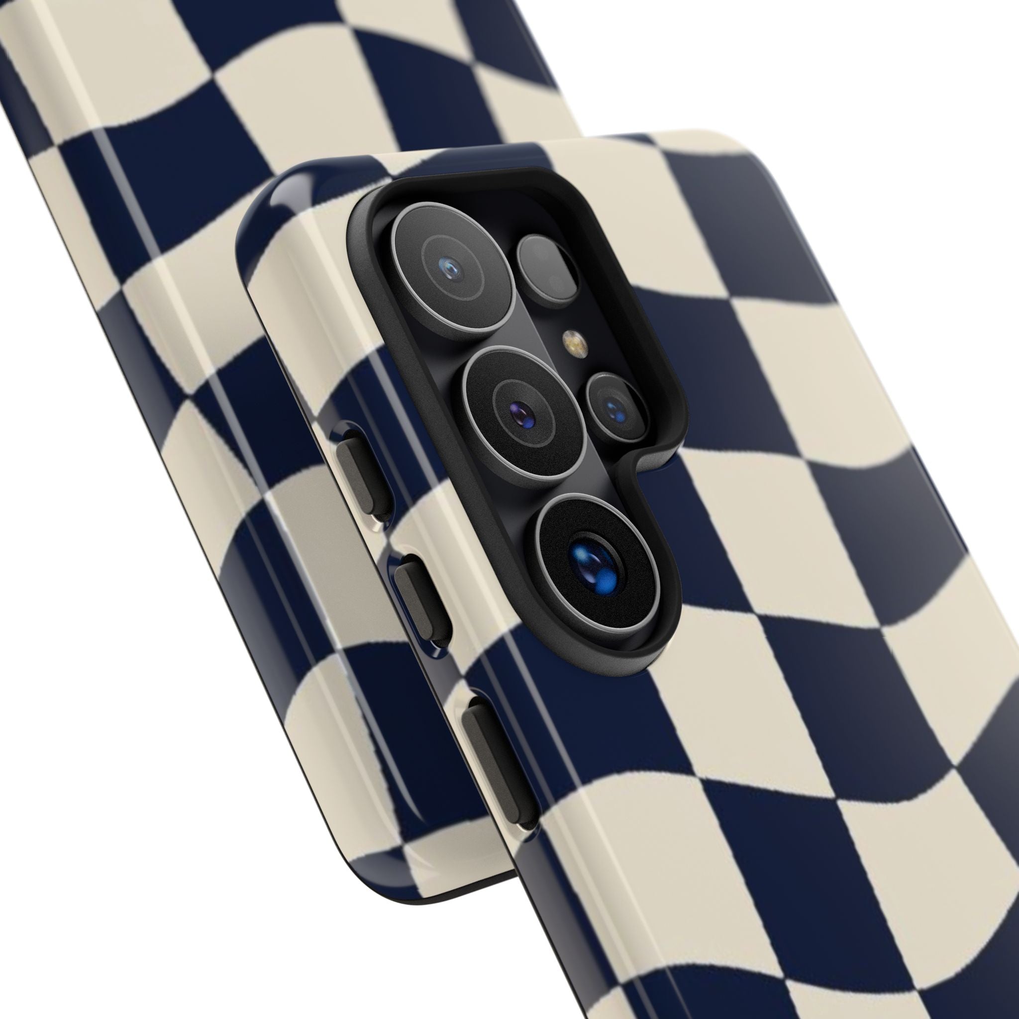 Wavy Checkered Phone Case – Retro Navy Racing Pattern Tough Case