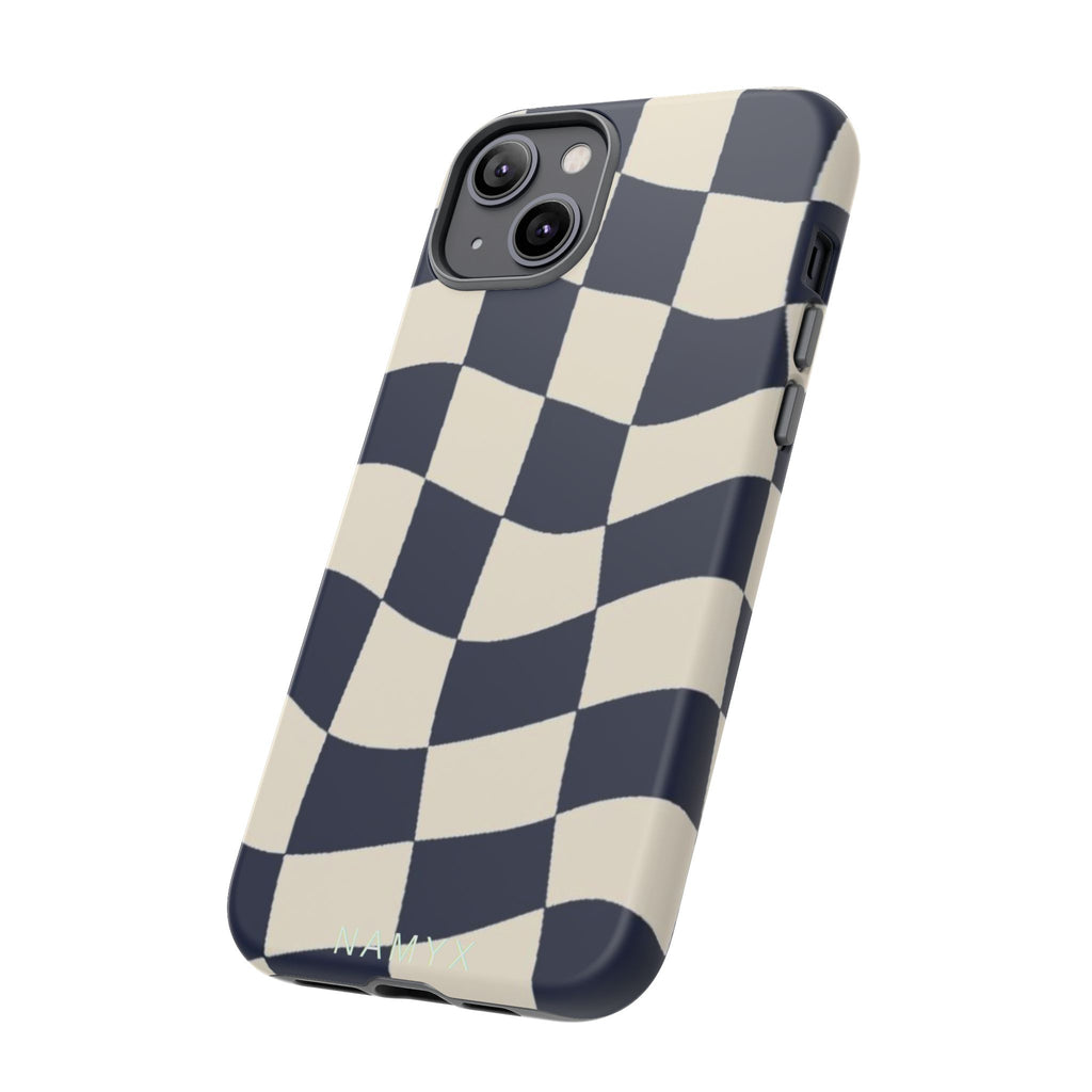 Wavy Checkered Phone Case – Retro Navy Racing Pattern Tough Case