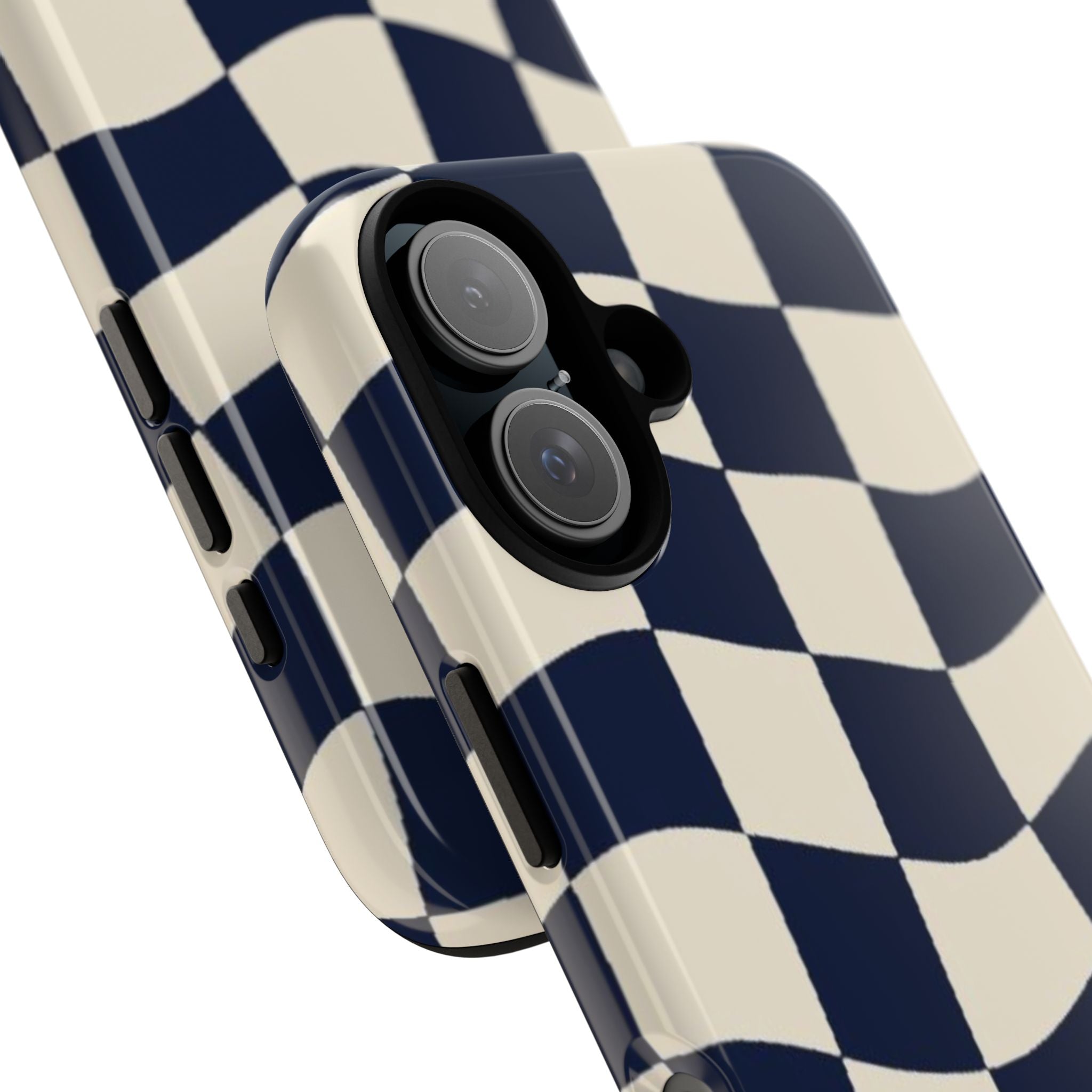 Wavy Checkered Phone Case – Retro Navy Racing Pattern Tough Case