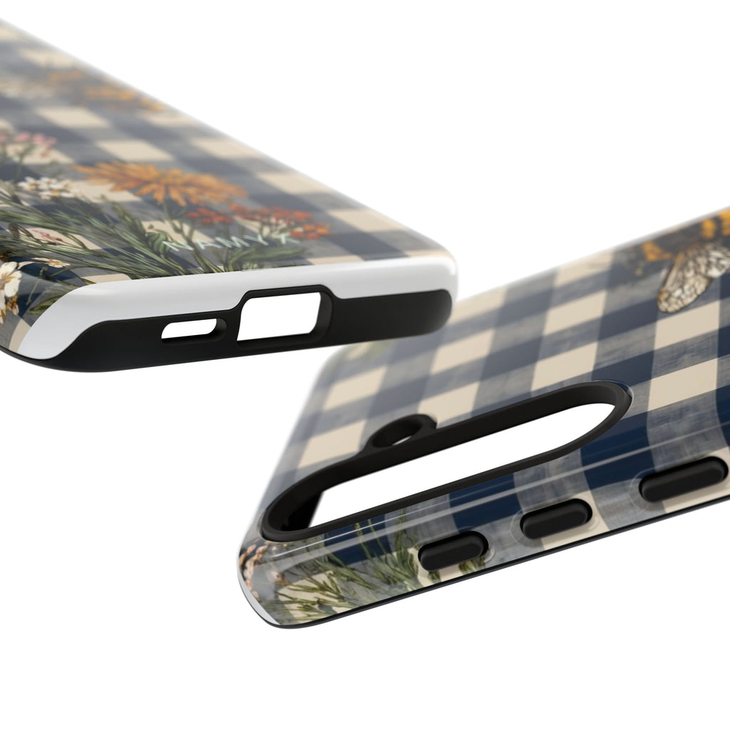 Bee & Wildflower Plaid Phone Case — Navy Buffalo Check Floral iPhone Cover