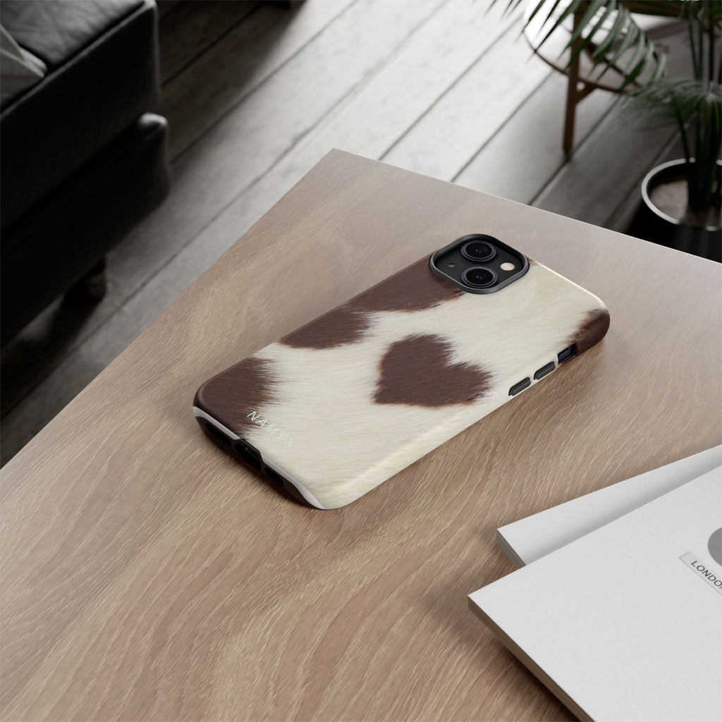 Cowhide Heart Phone Case — Cute Cow Print Protective iPhone Cover
