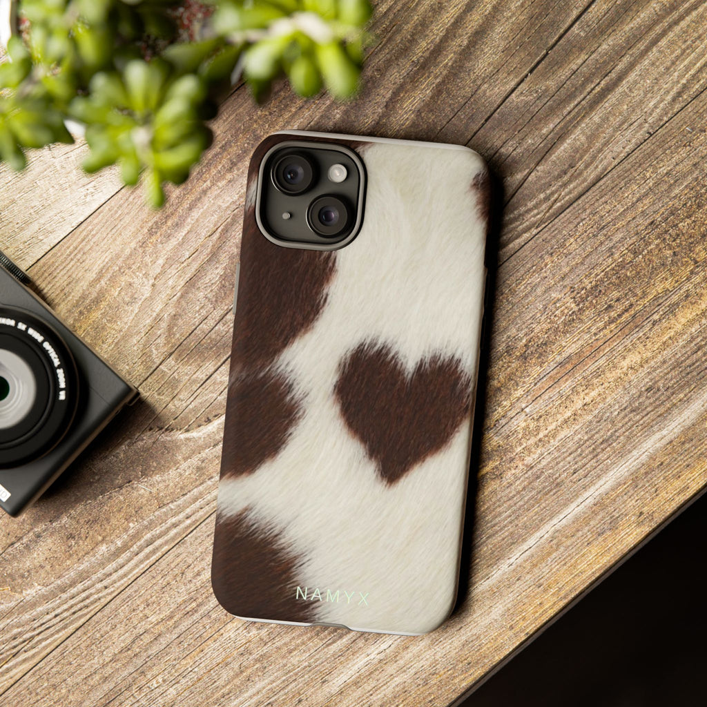 Cowhide Heart Phone Case — Cute Cow Print Protective iPhone Cover