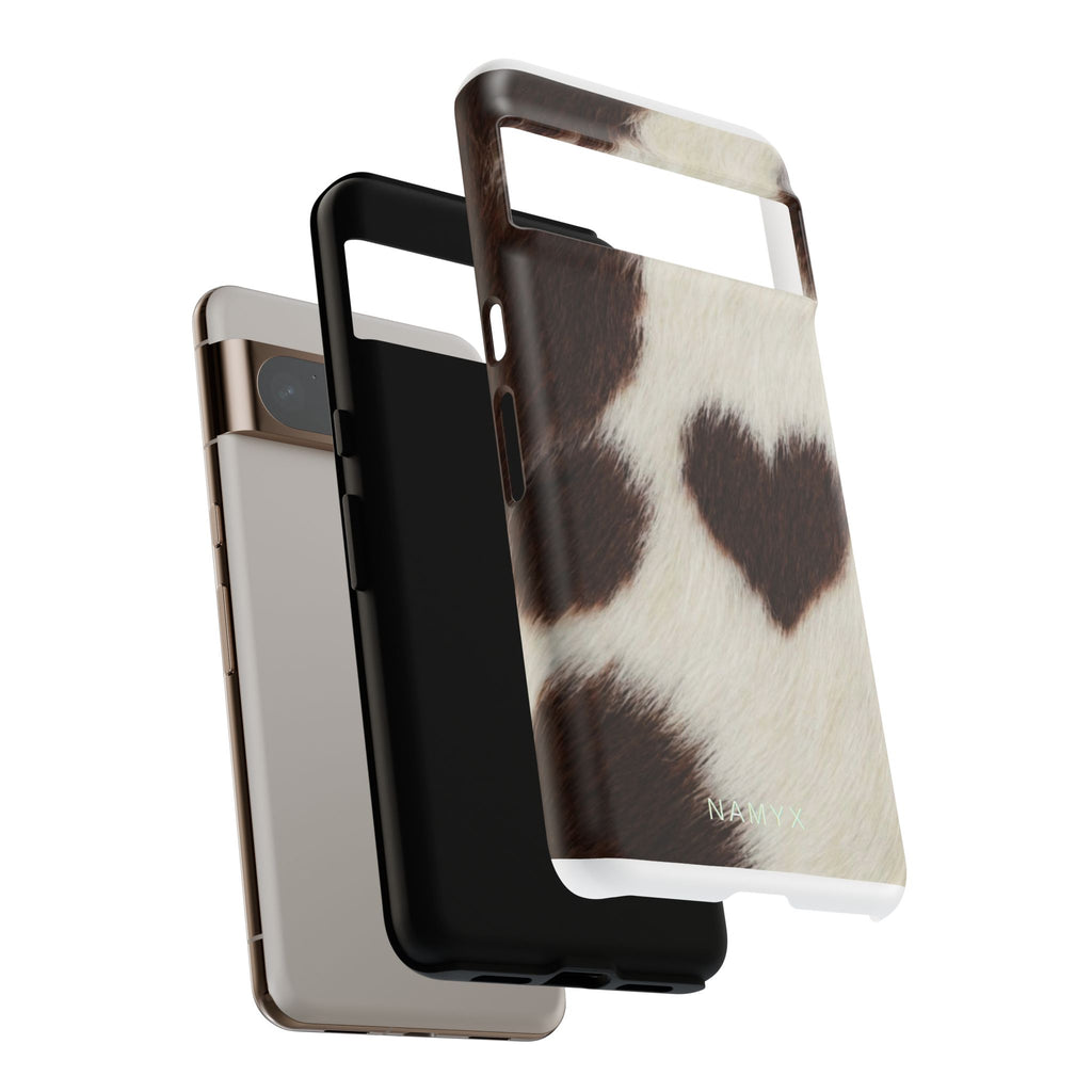 Cowhide Heart Phone Case — Cute Cow Print Protective iPhone Cover
