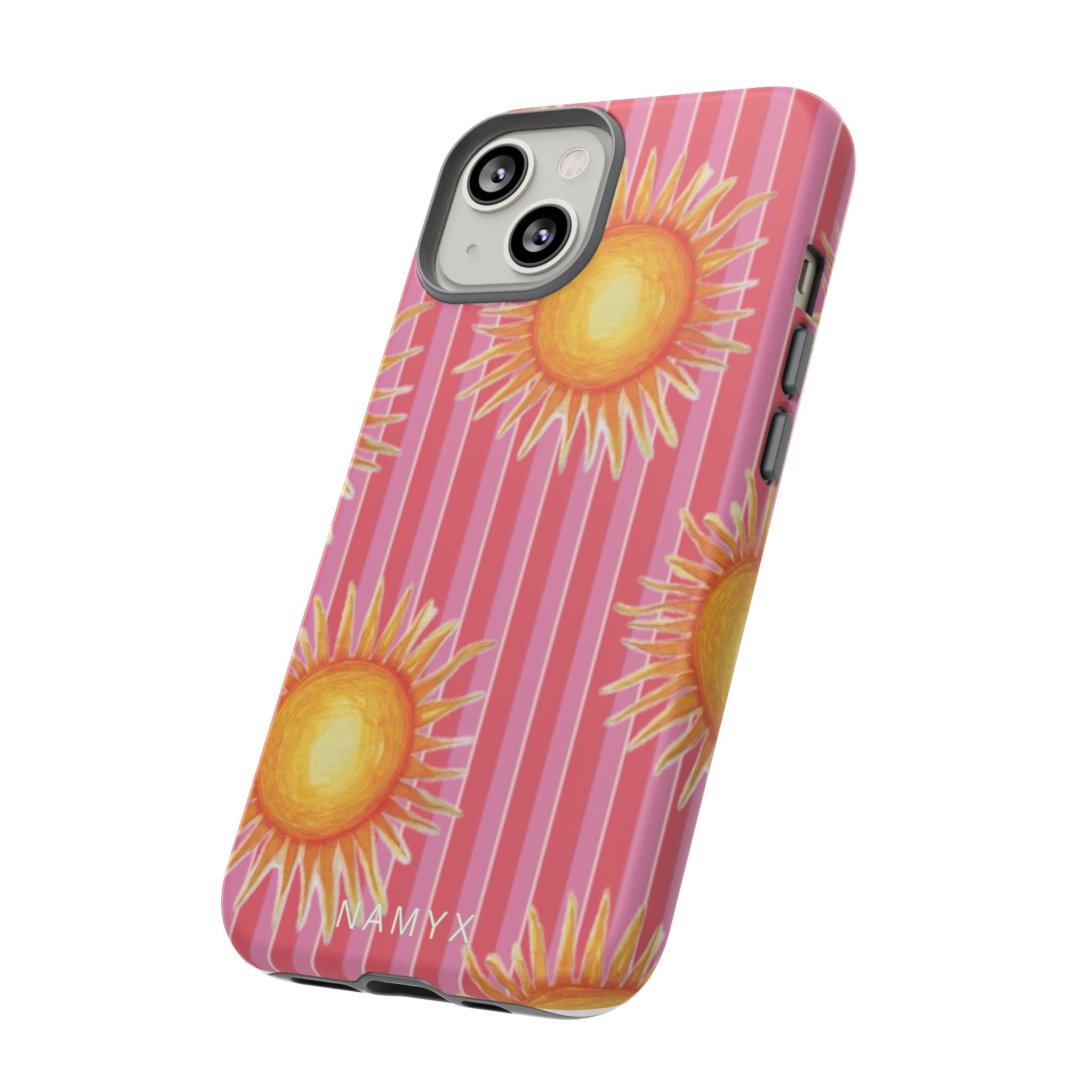 Sunburst Stripe Tough Phone Case — Bright Yellow Sun Pattern on Pink
