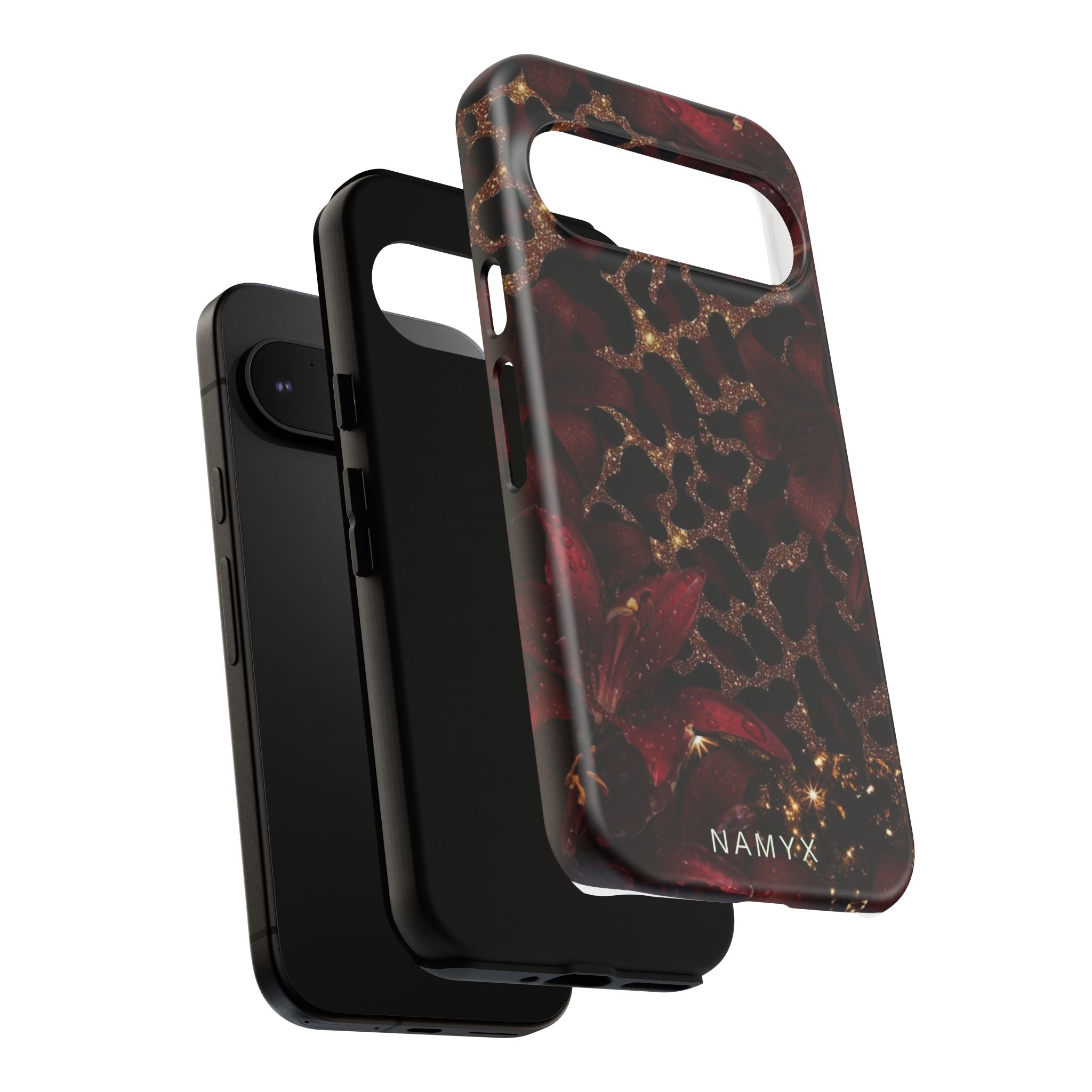 Protective Phone Case — Burgundy Floral & Gold Leopard Print Tough Case
