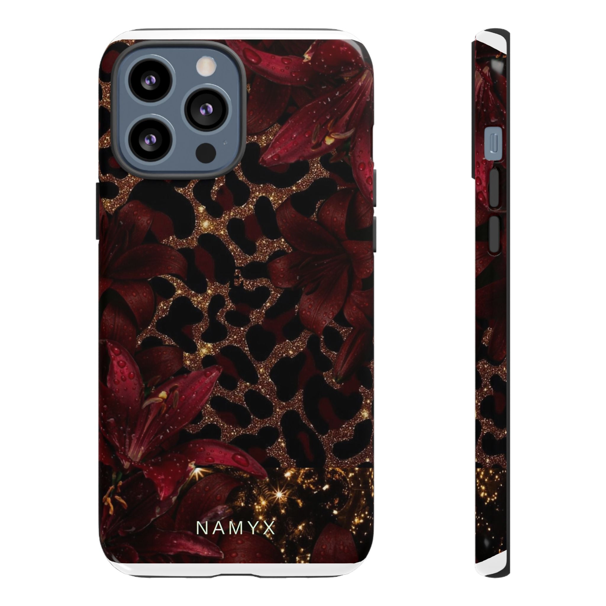 Protective Phone Case — Burgundy Floral & Gold Leopard Print Tough Case
