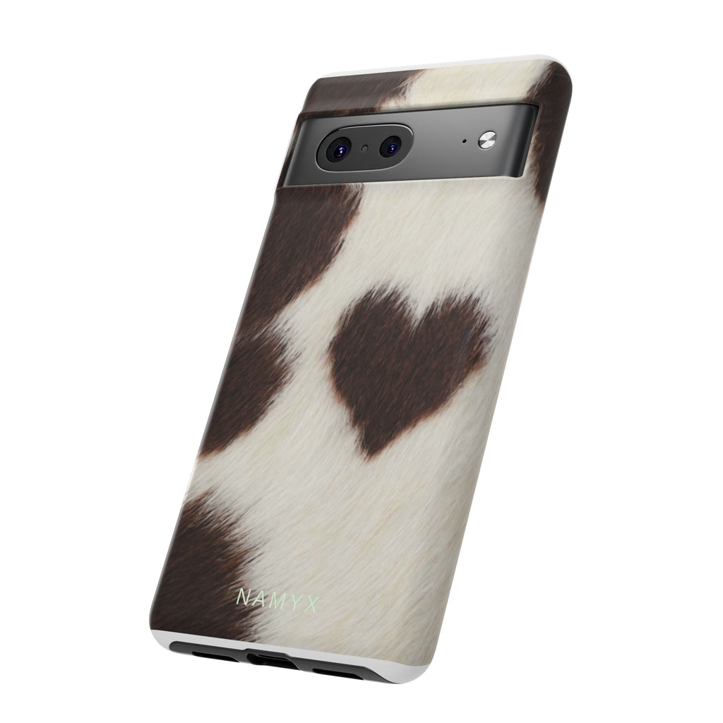 Cowhide Heart Phone Case — Cute Cow Print Protective iPhone Cover