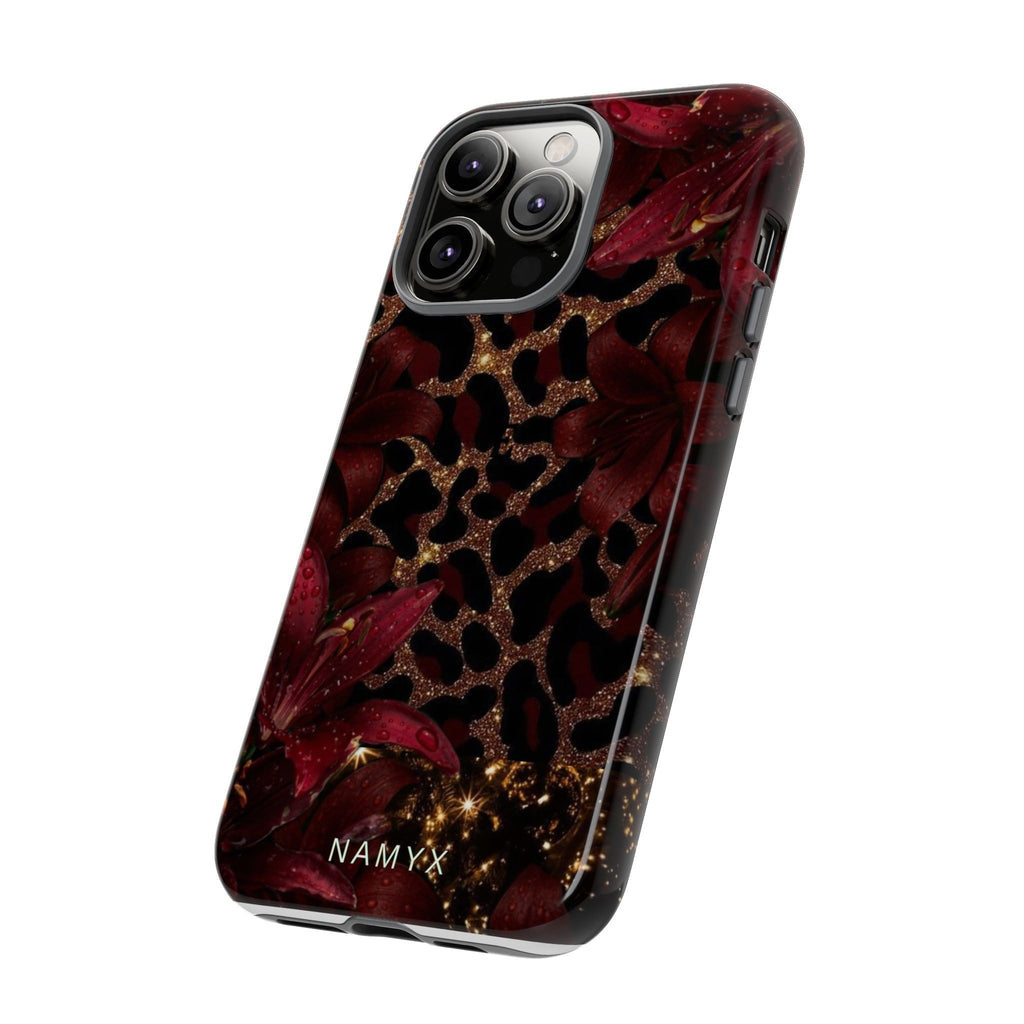 Protective Phone Case — Burgundy Floral & Gold Leopard Print Tough Case