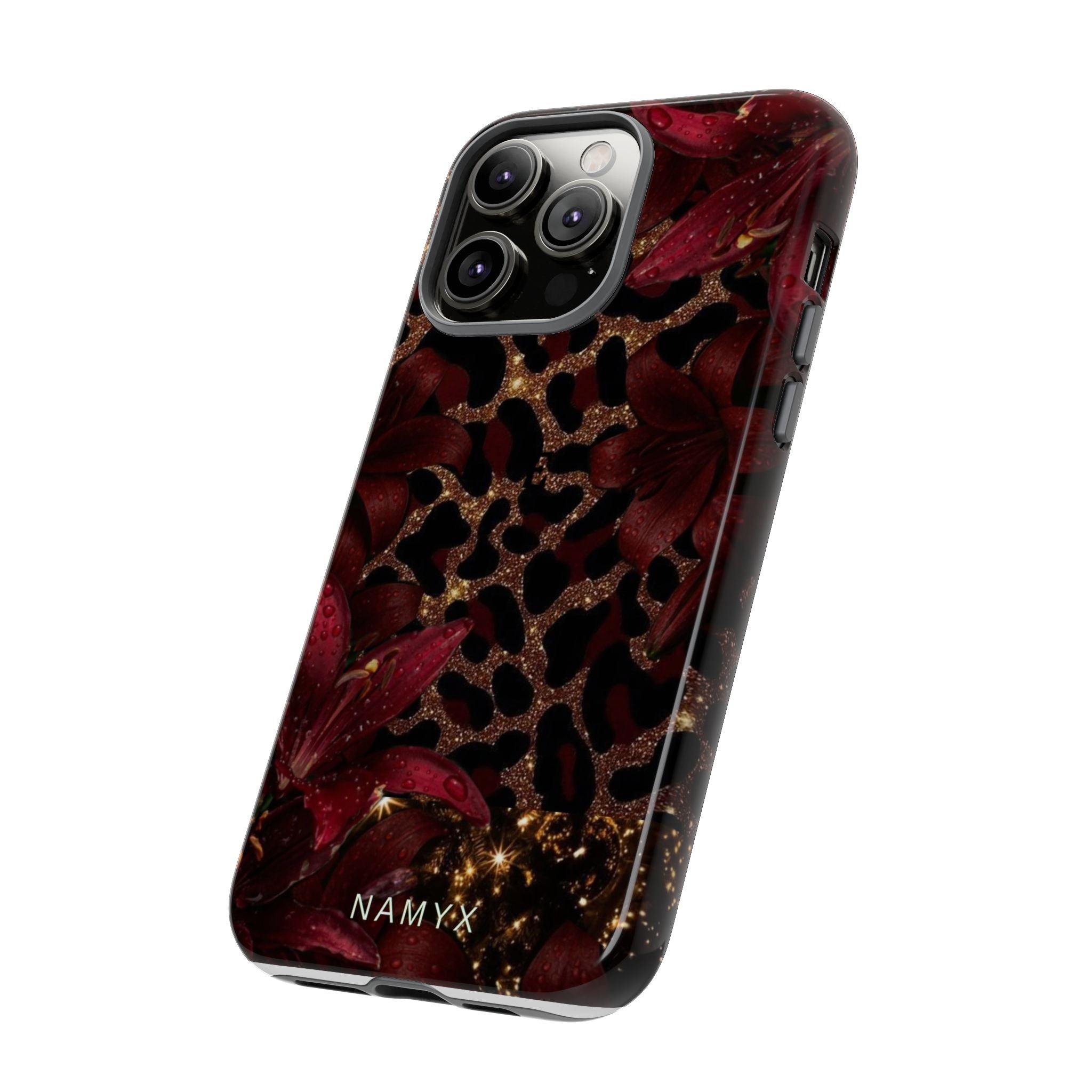 Protective Phone Case — Burgundy Floral & Gold Leopard Print Tough Case