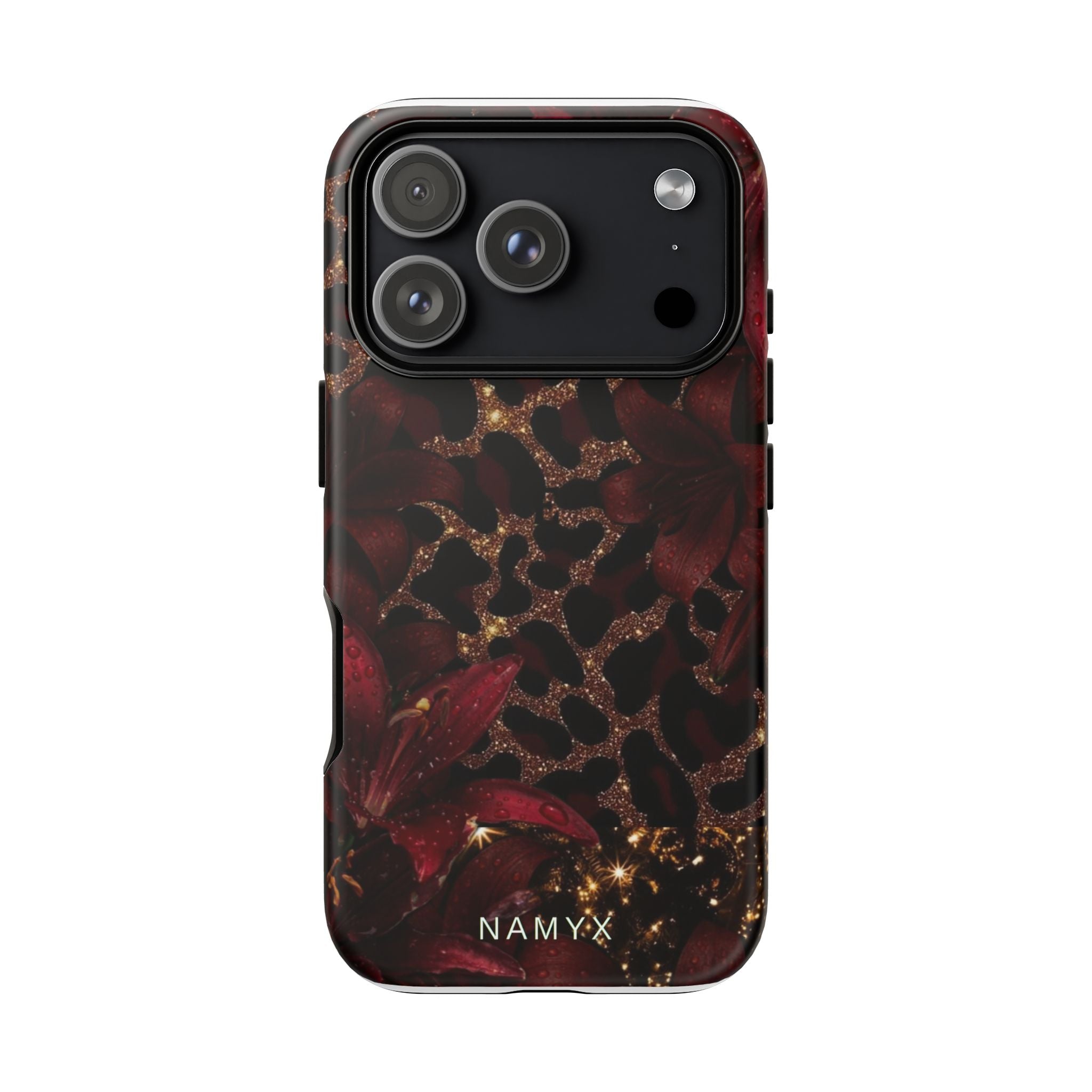 Protective Phone Case — Burgundy Floral & Gold Leopard Print Tough Case