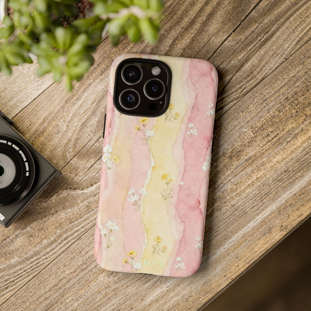 Floral Watercolor Tough Phone Case — Pink & Yellow Daisy Protective Cover