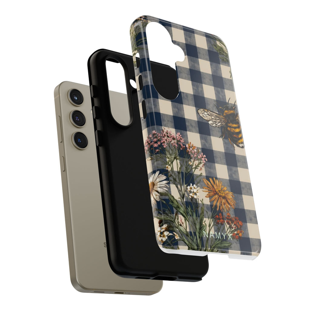 Bee & Wildflower Plaid Phone Case — Navy Buffalo Check Floral iPhone Cover