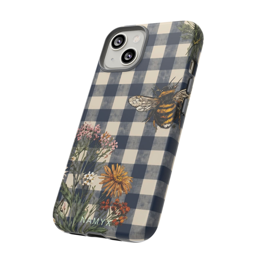 Bee & Wildflower Plaid Phone Case — Navy Buffalo Check Floral iPhone Cover